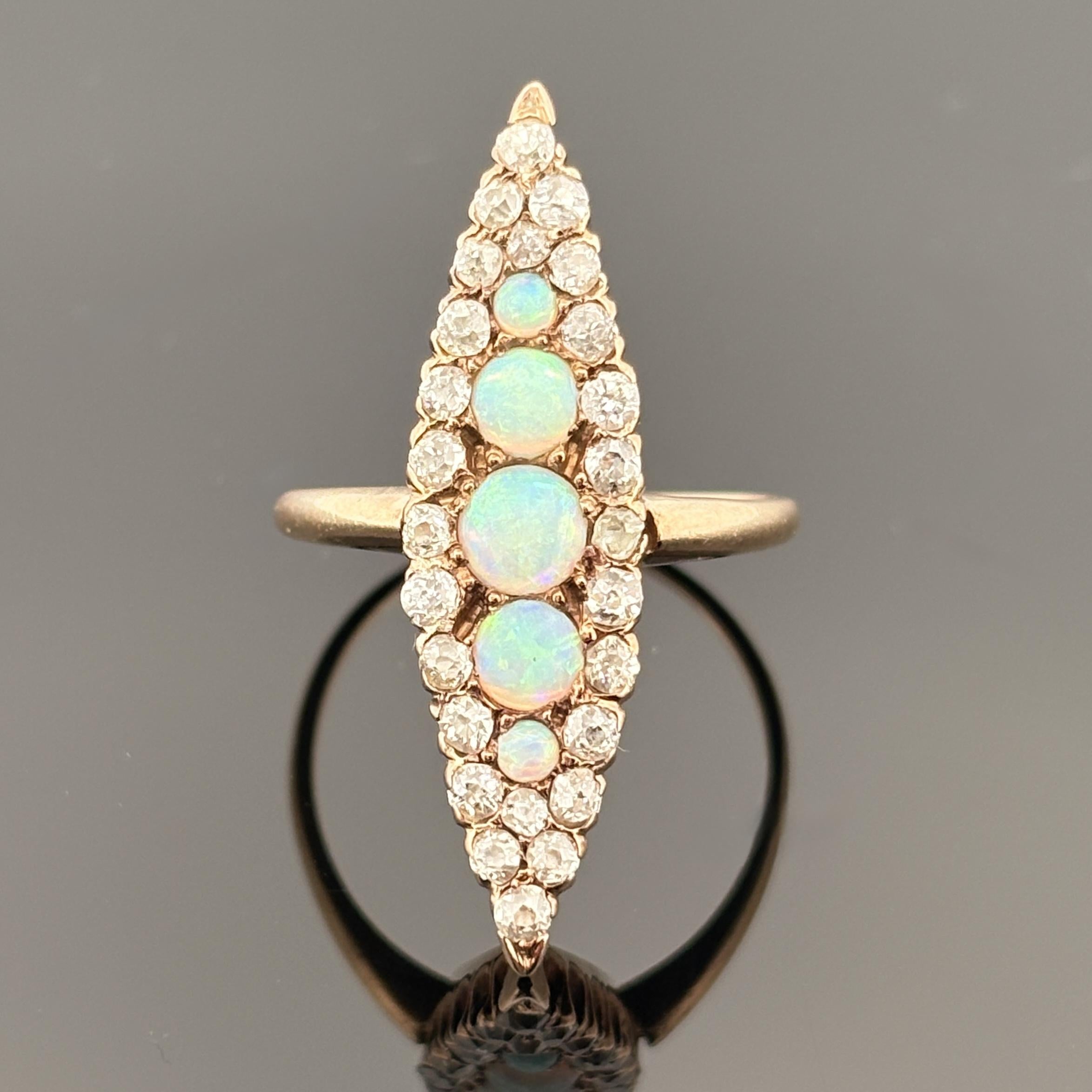 Antique Victorian Old Mine Diamond and Opal 14k Gold Cluster Ring