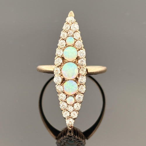 Antique Victorian Old Mine Diamond and Opal 14k Gold Cluster Ring
