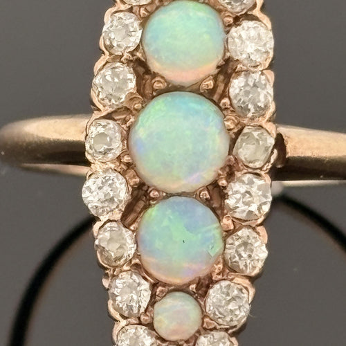 Antique Victorian Old Mine Diamond and Opal 14k Gold Cluster Ring