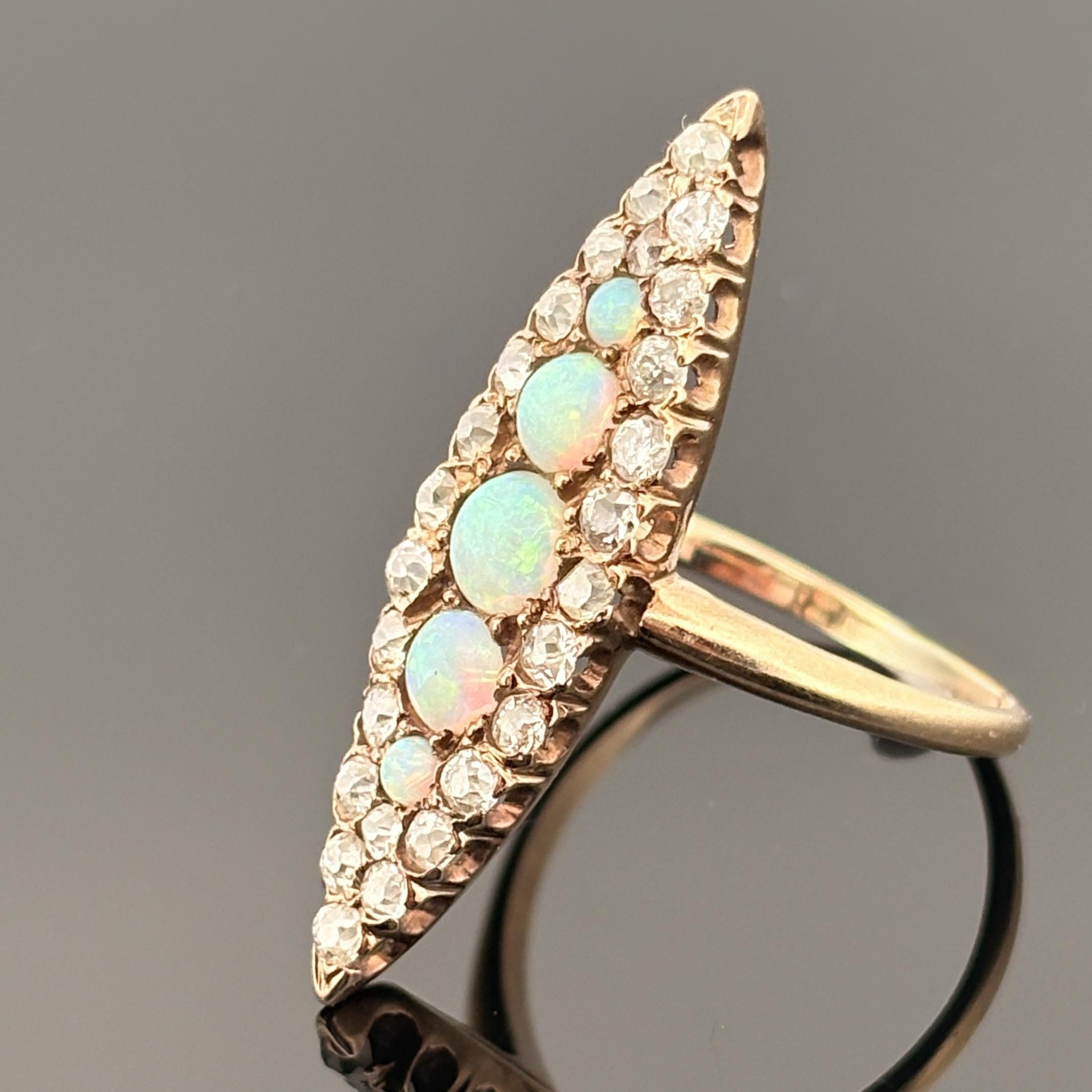 Antique Victorian Old Mine Diamond and Opal 14k Gold Cluster Ring