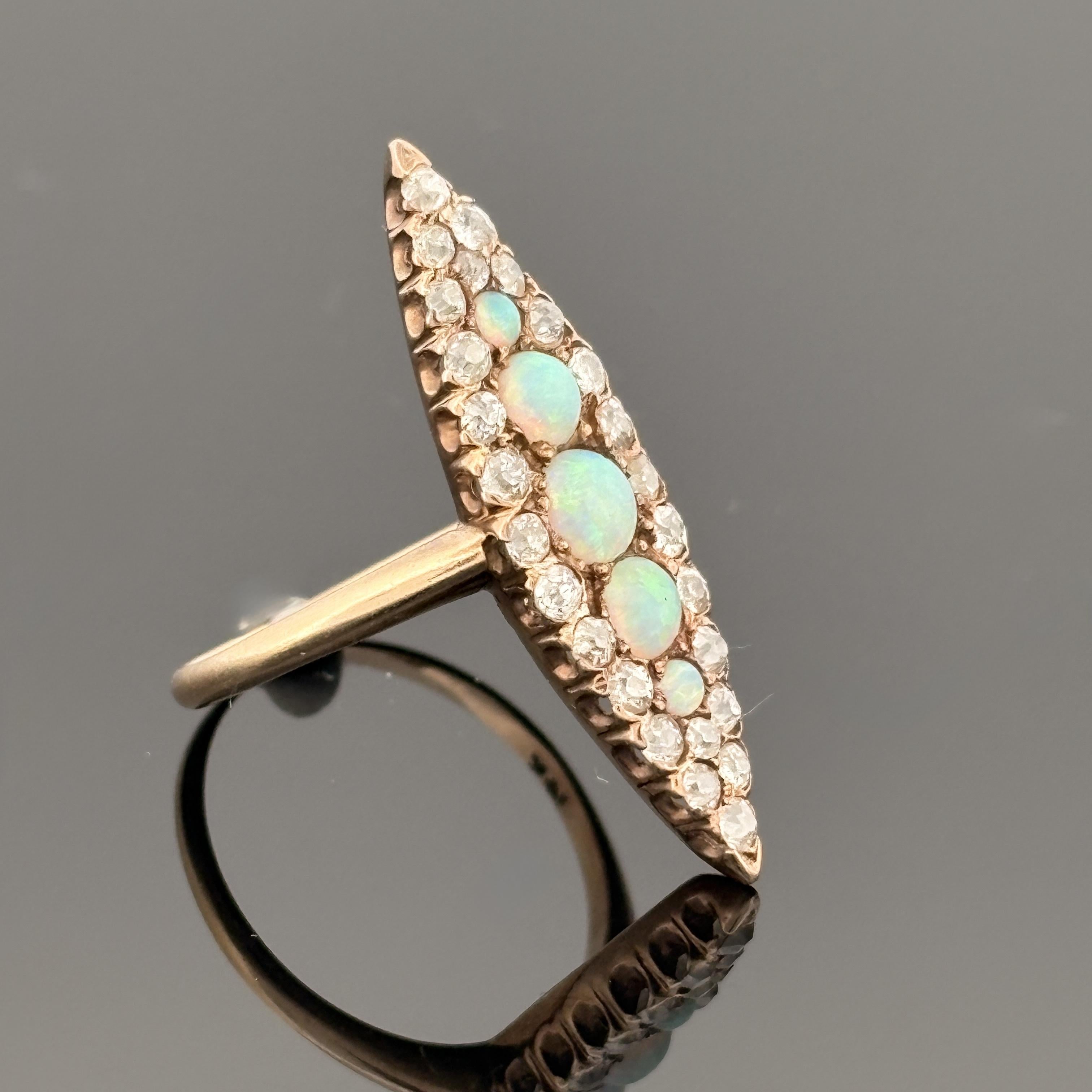 Antique Victorian Old Mine Diamond and Opal 14k Gold Cluster Ring