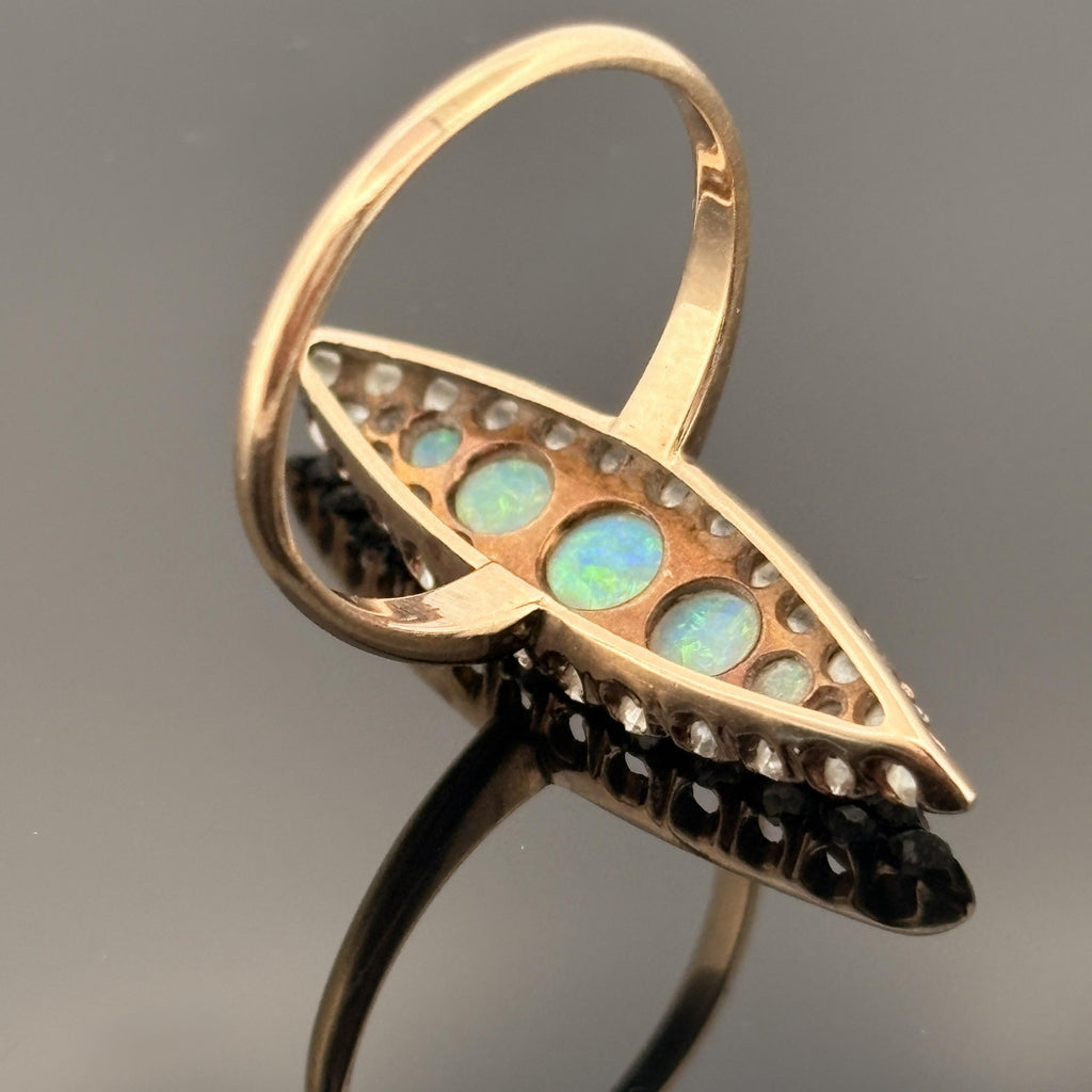 Antique Victorian Old Mine Diamond and Opal 14k Gold Cluster Ring