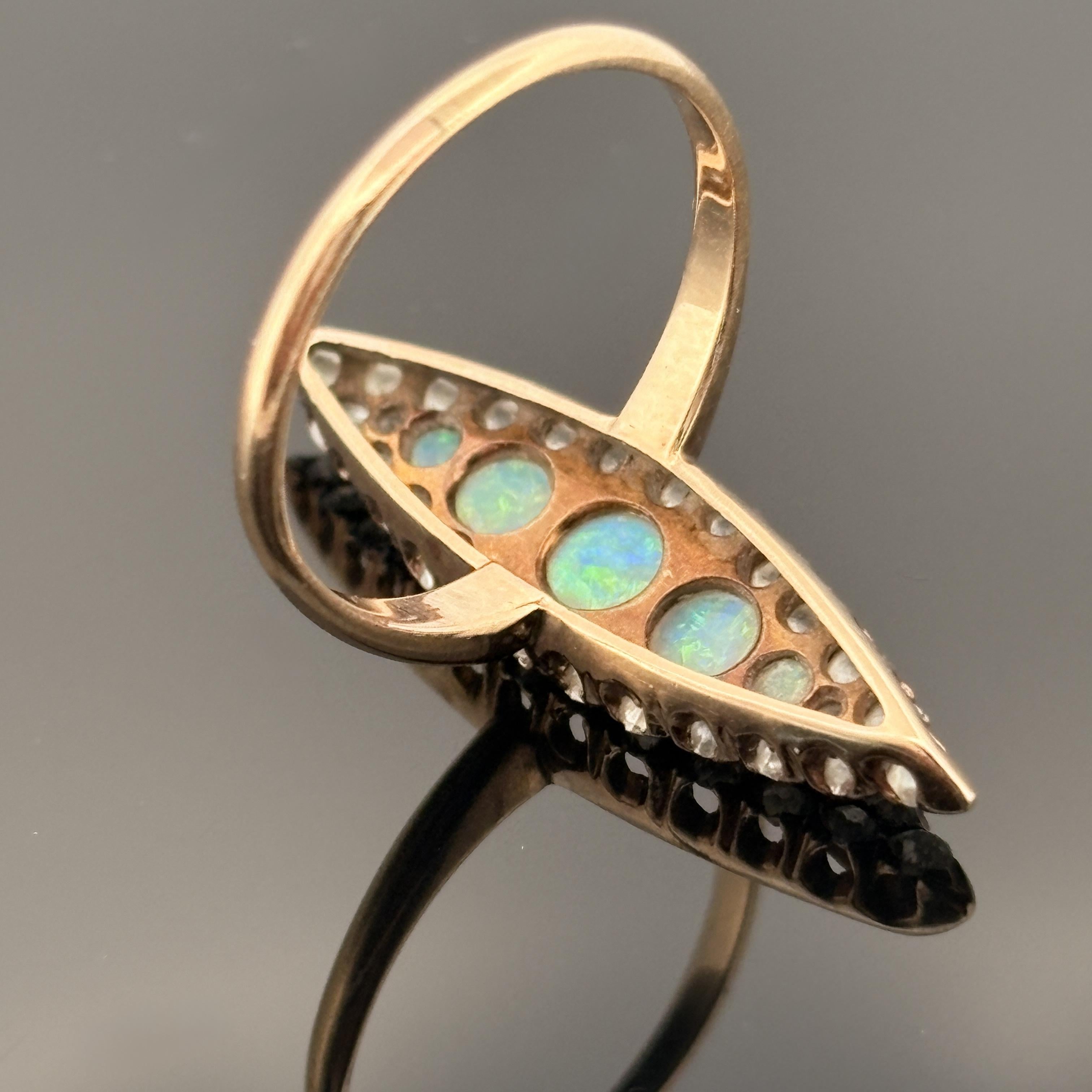 Antique Victorian Old Mine Diamond and Opal 14k Gold Cluster Ring