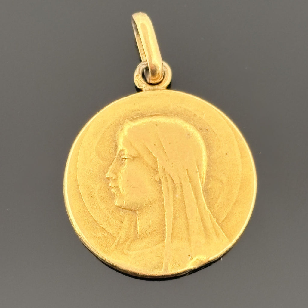 Antique Art Nouveau Blessed Virgin Mary Medal Pendant 18k Gold, French, 17.25mm