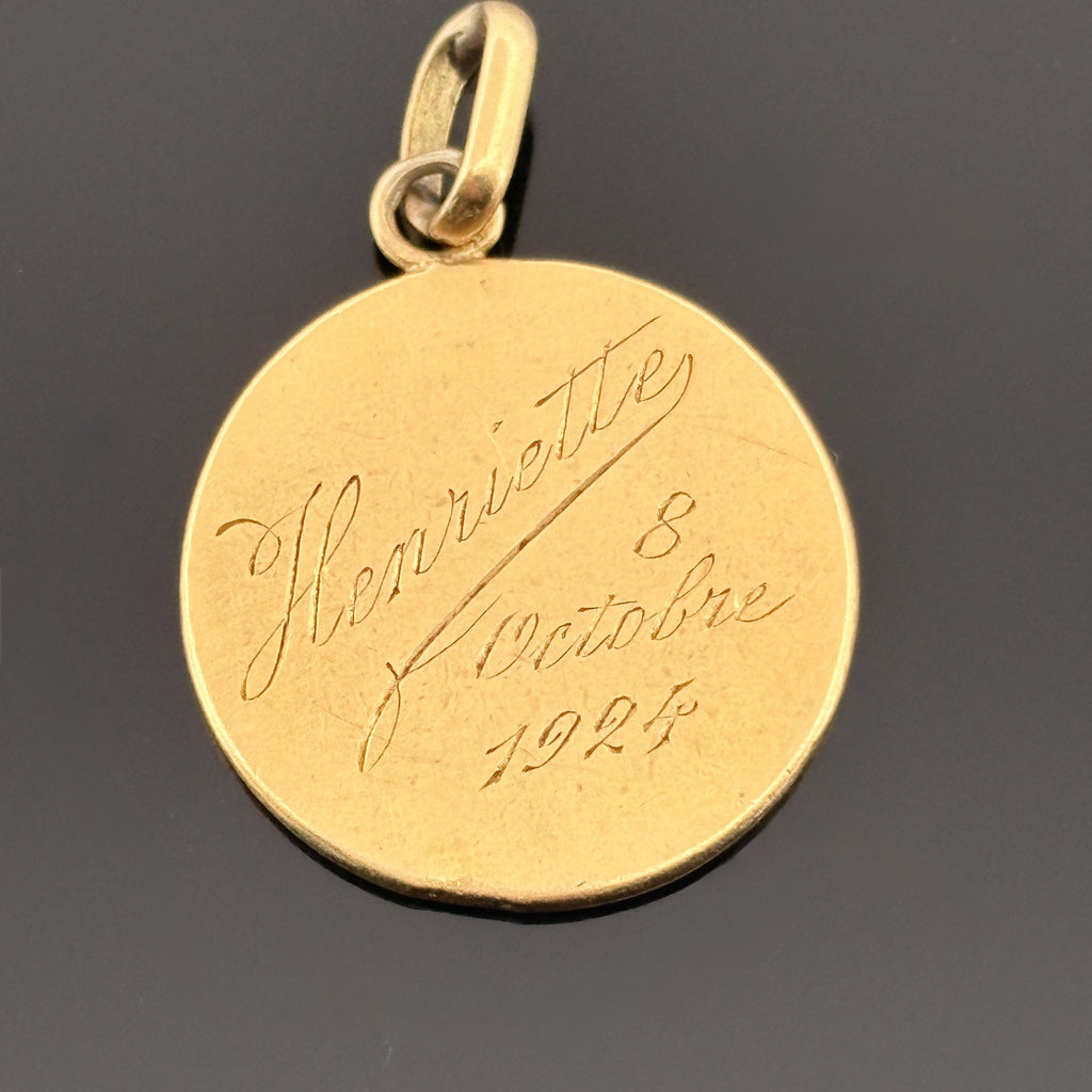 Antique Art Nouveau Blessed Virgin Mary Medal Pendant 18k Gold, French, 17.25mm