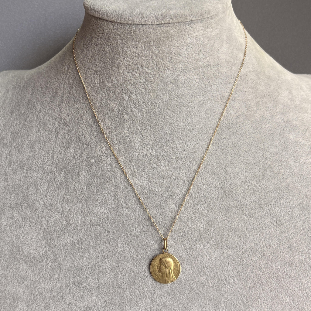 Antique Art Nouveau Blessed Virgin Mary Medal Pendant 18k Gold, French, 17.25mm