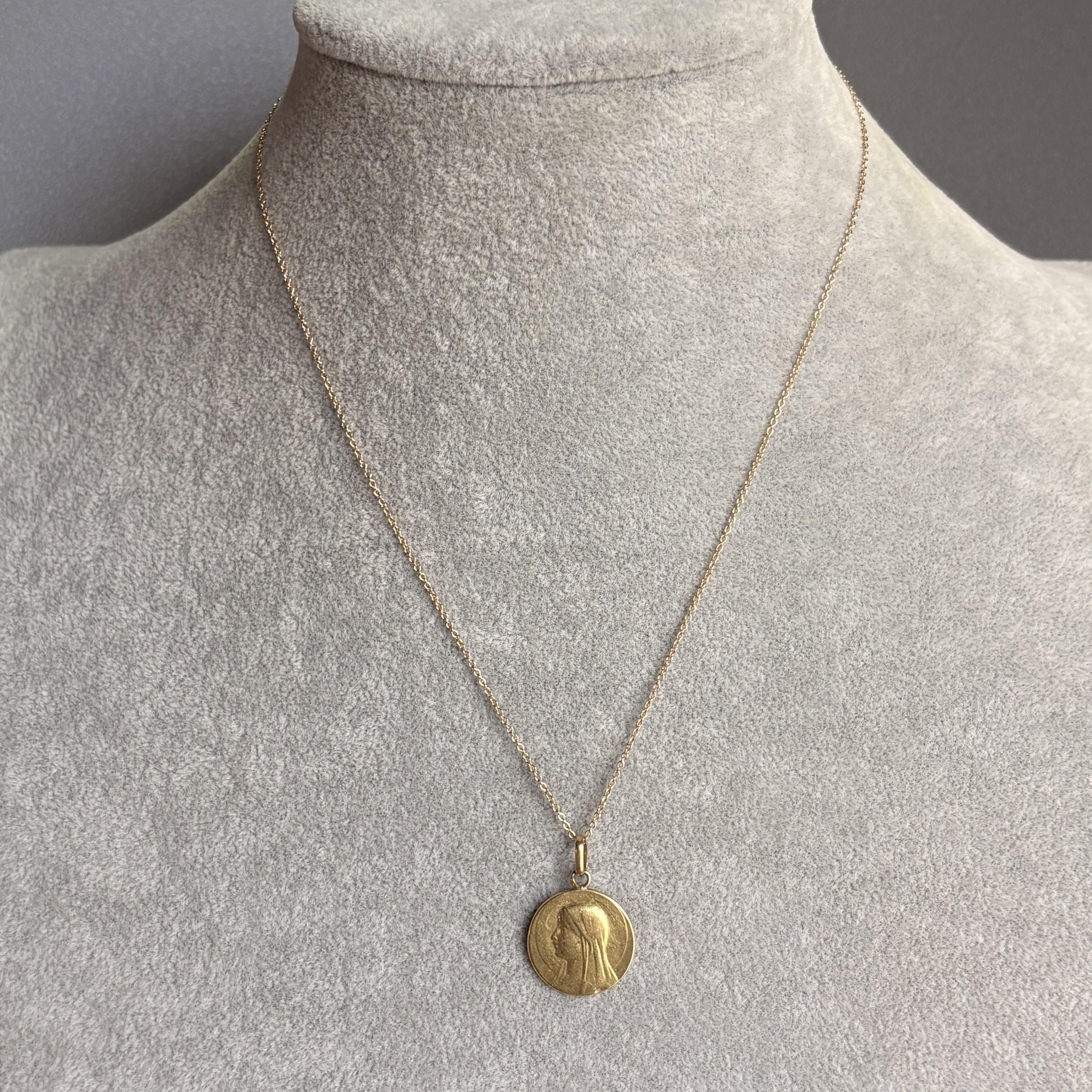 Antique Art Nouveau Blessed Virgin Mary Medal Pendant 18k Gold, French, 17.25mm