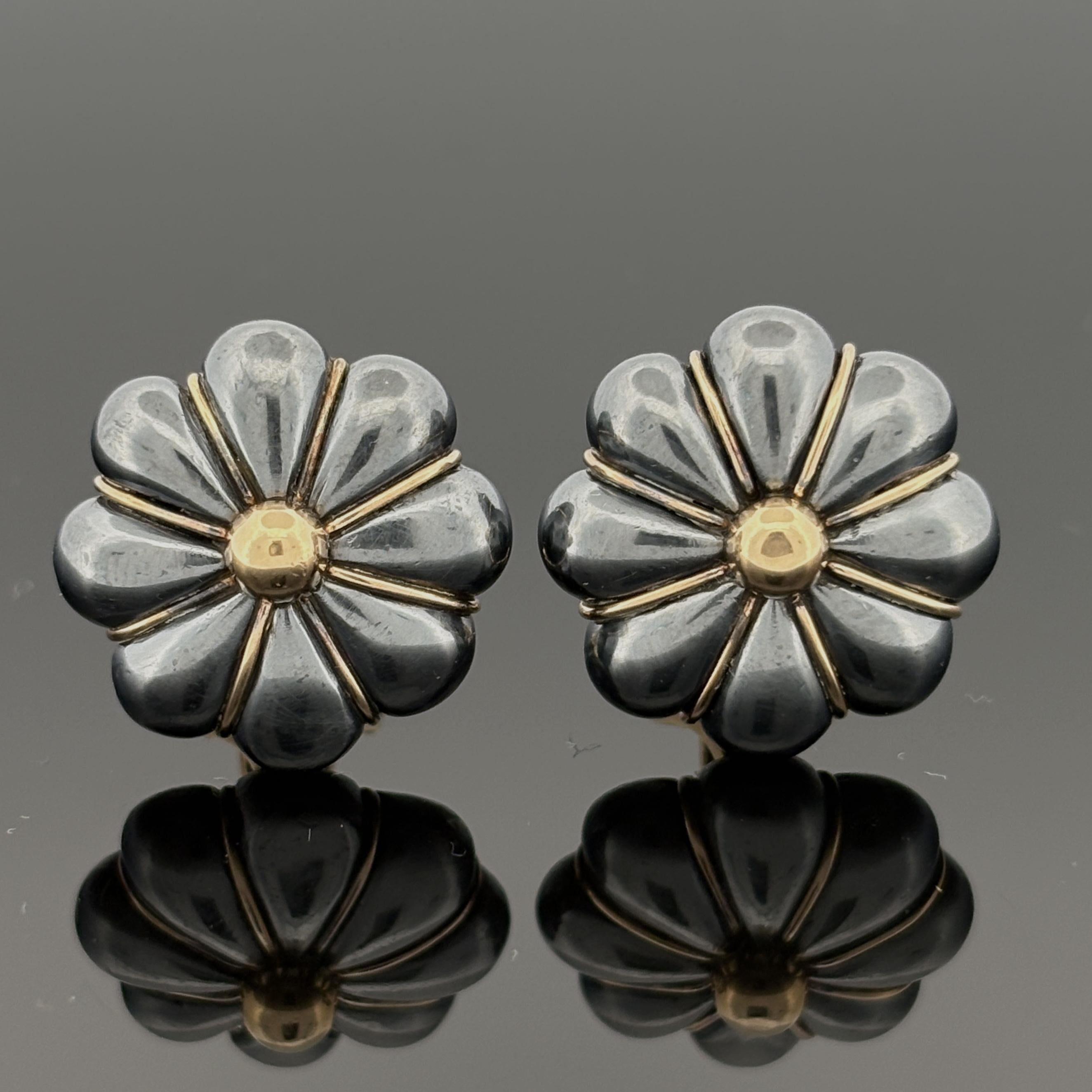 Vintage French Tiffany & Co Black Silver & 18k Gold Earrings, Lucien Vachey