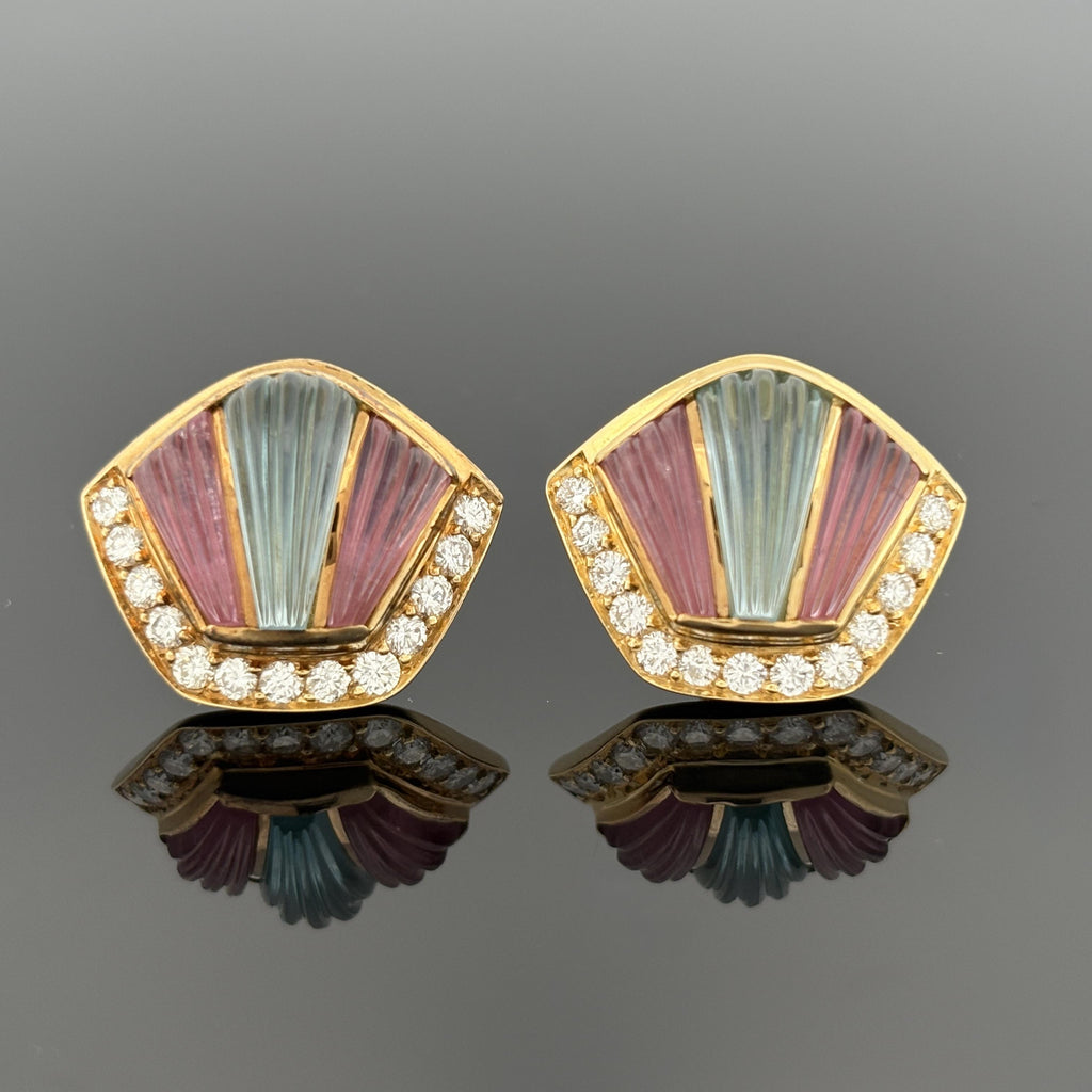 Art Deco Inspired Carved Gemstone & Diamond 18k Yellow Gold Earrings