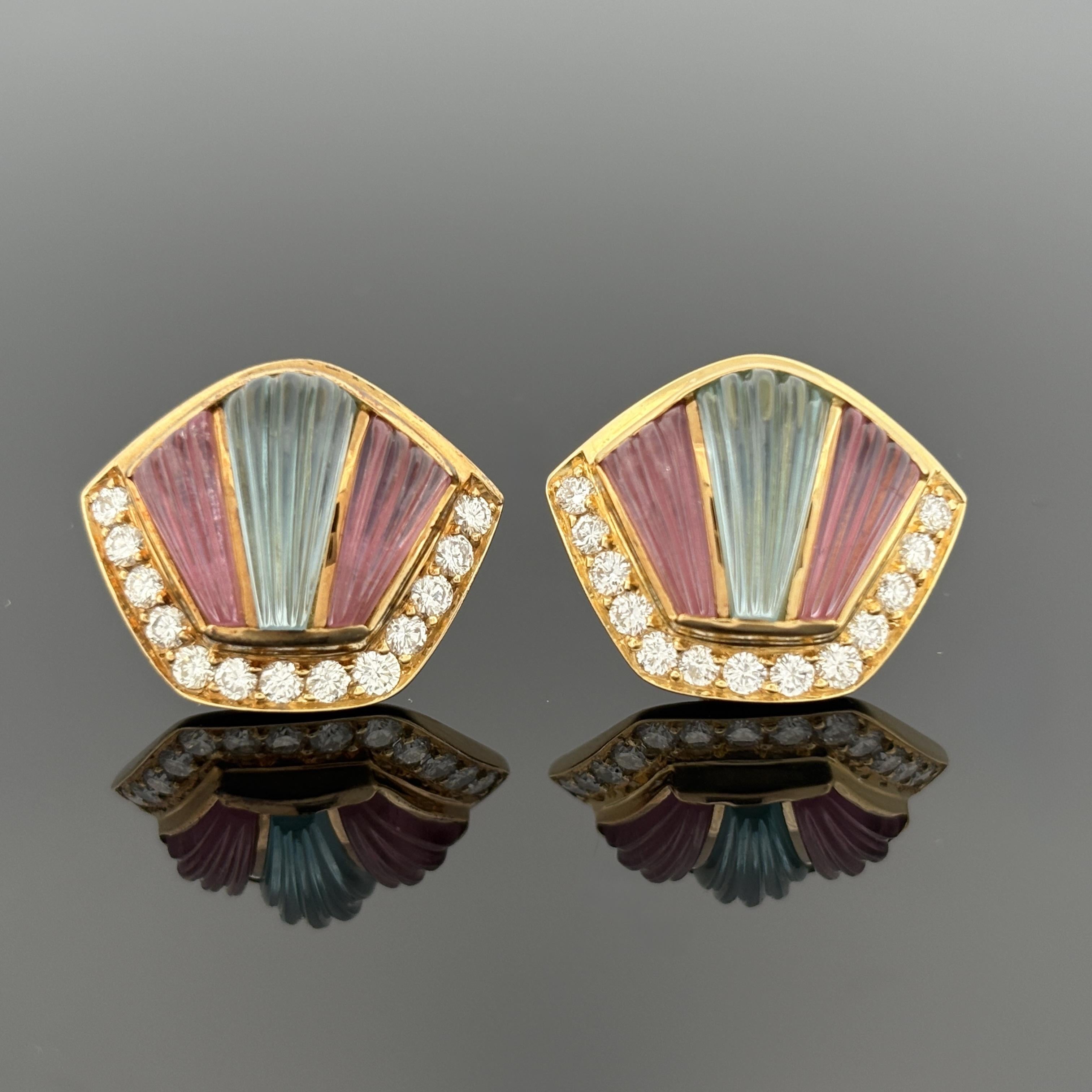 Art Deco Inspired Carved Gemstone & Diamond 18k Yellow Gold Earrings