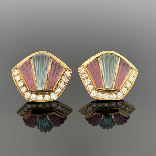 Art Deco Inspired Carved Gemstone & Diamond 18k Yellow Gold Earrings