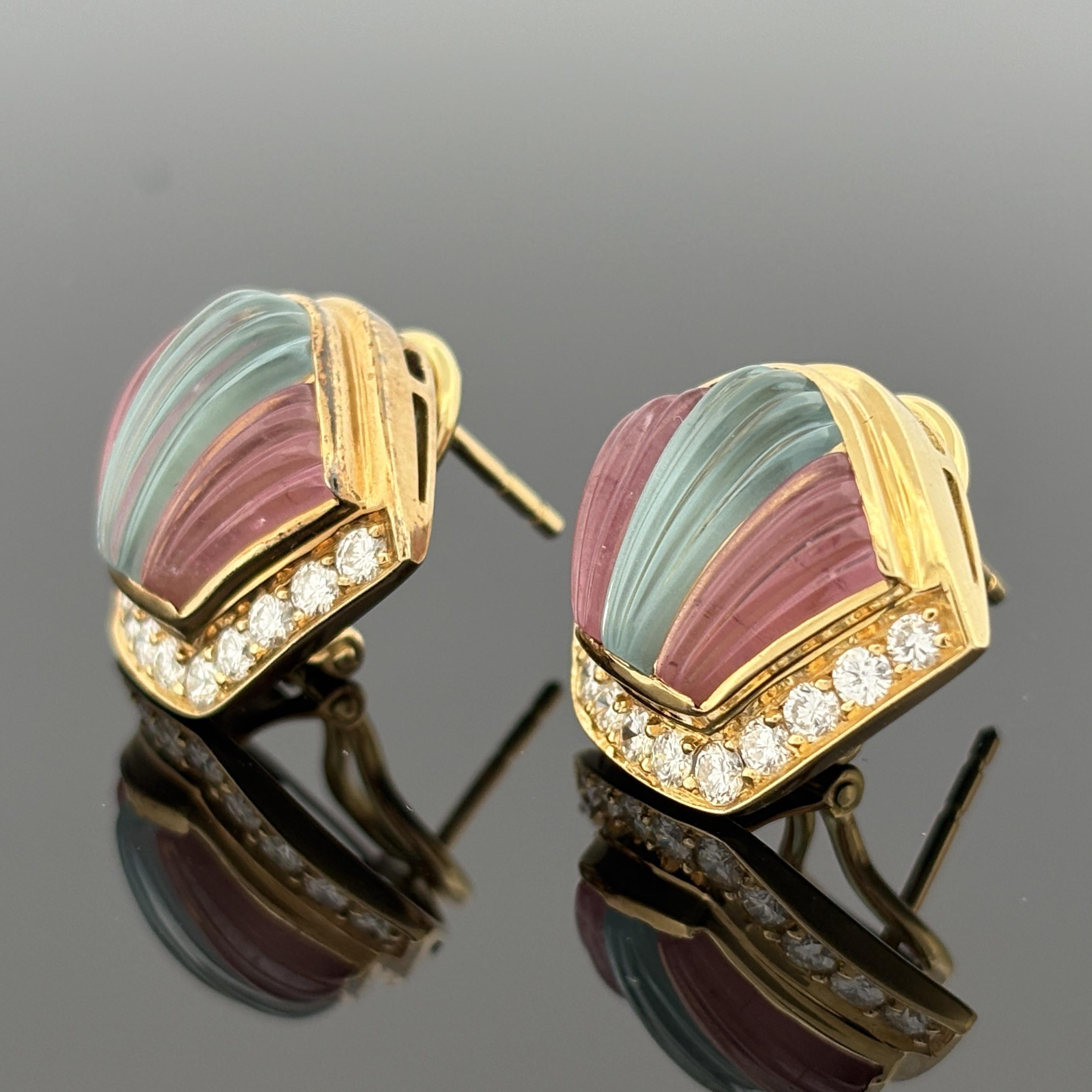 Art Deco Inspired Carved Gemstone & Diamond 18k Yellow Gold Earrings