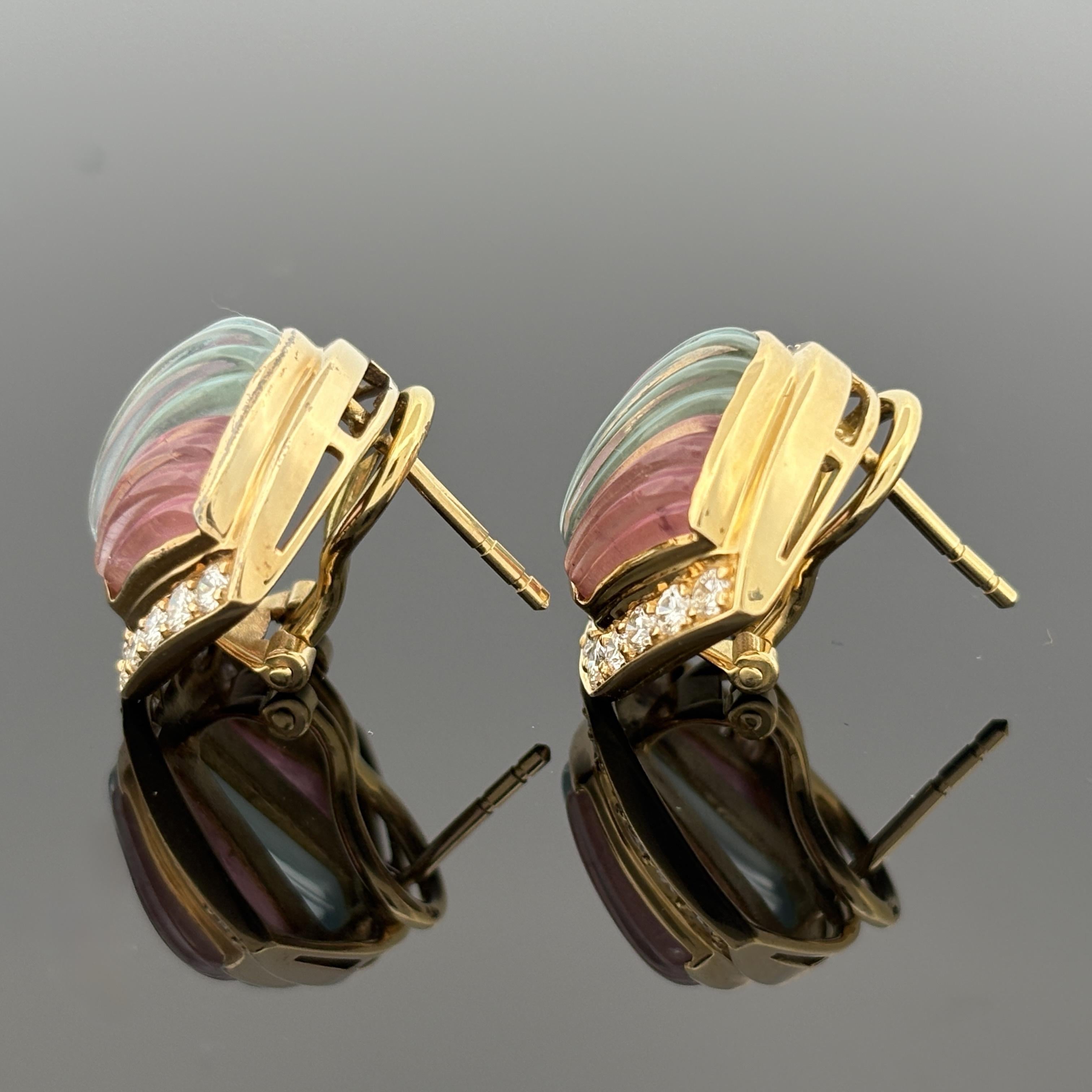 Art Deco Inspired Carved Gemstone & Diamond 18k Yellow Gold Earrings