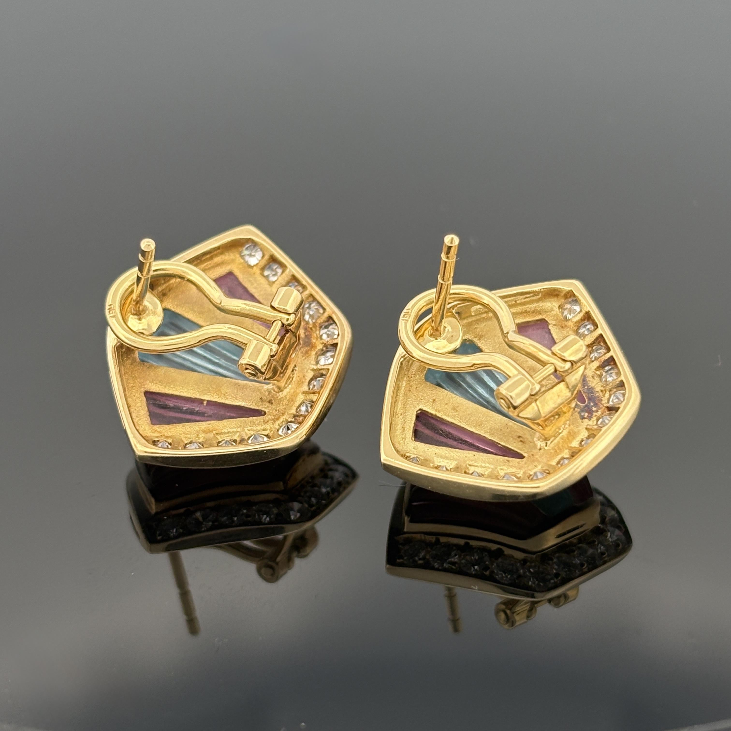 Art Deco Inspired Carved Gemstone & Diamond 18k Yellow Gold Earrings