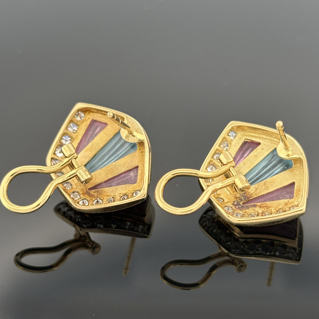 Art Deco Inspired Carved Gemstone & Diamond 18k Yellow Gold Earrings