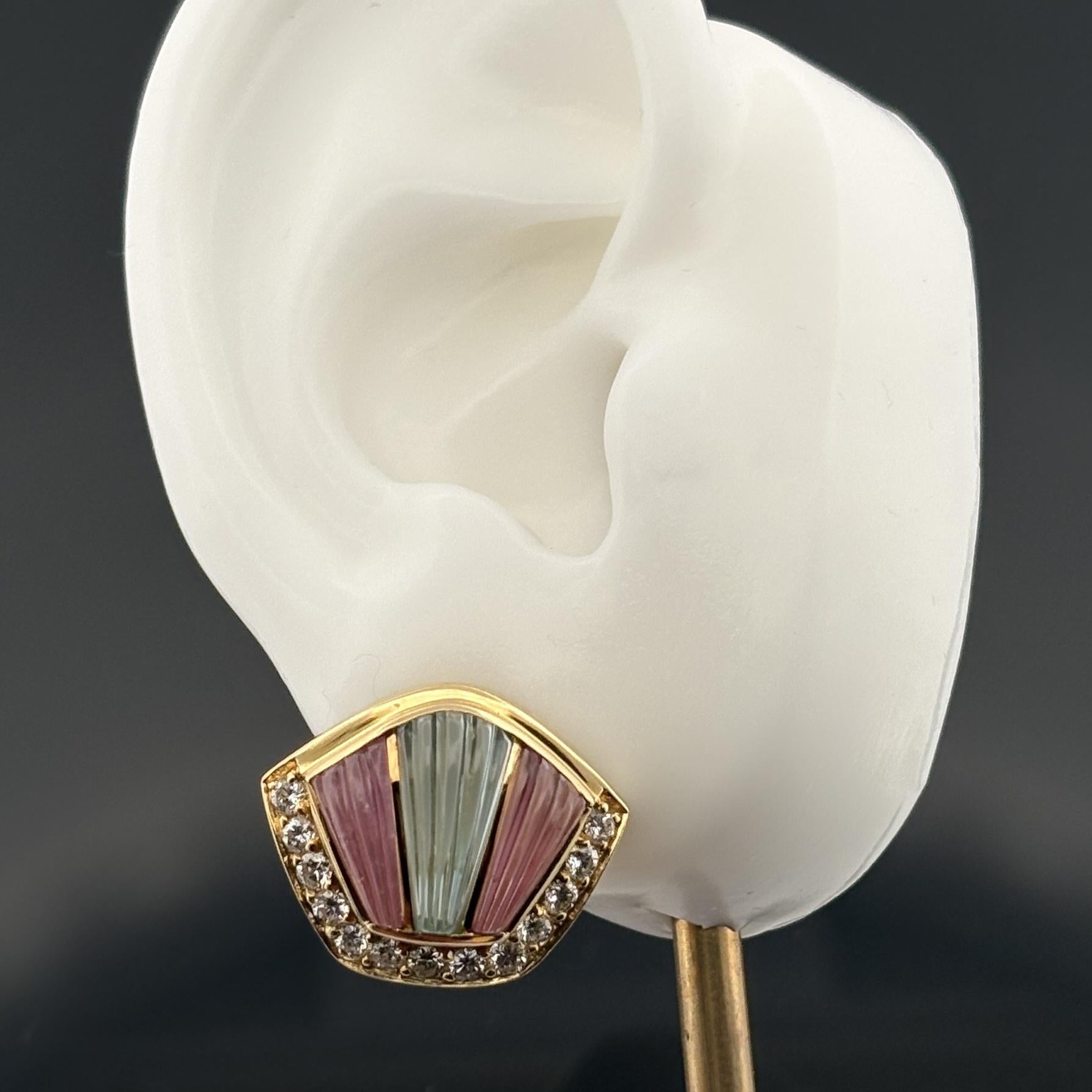 Art Deco Inspired Carved Gemstone & Diamond 18k Yellow Gold Earrings