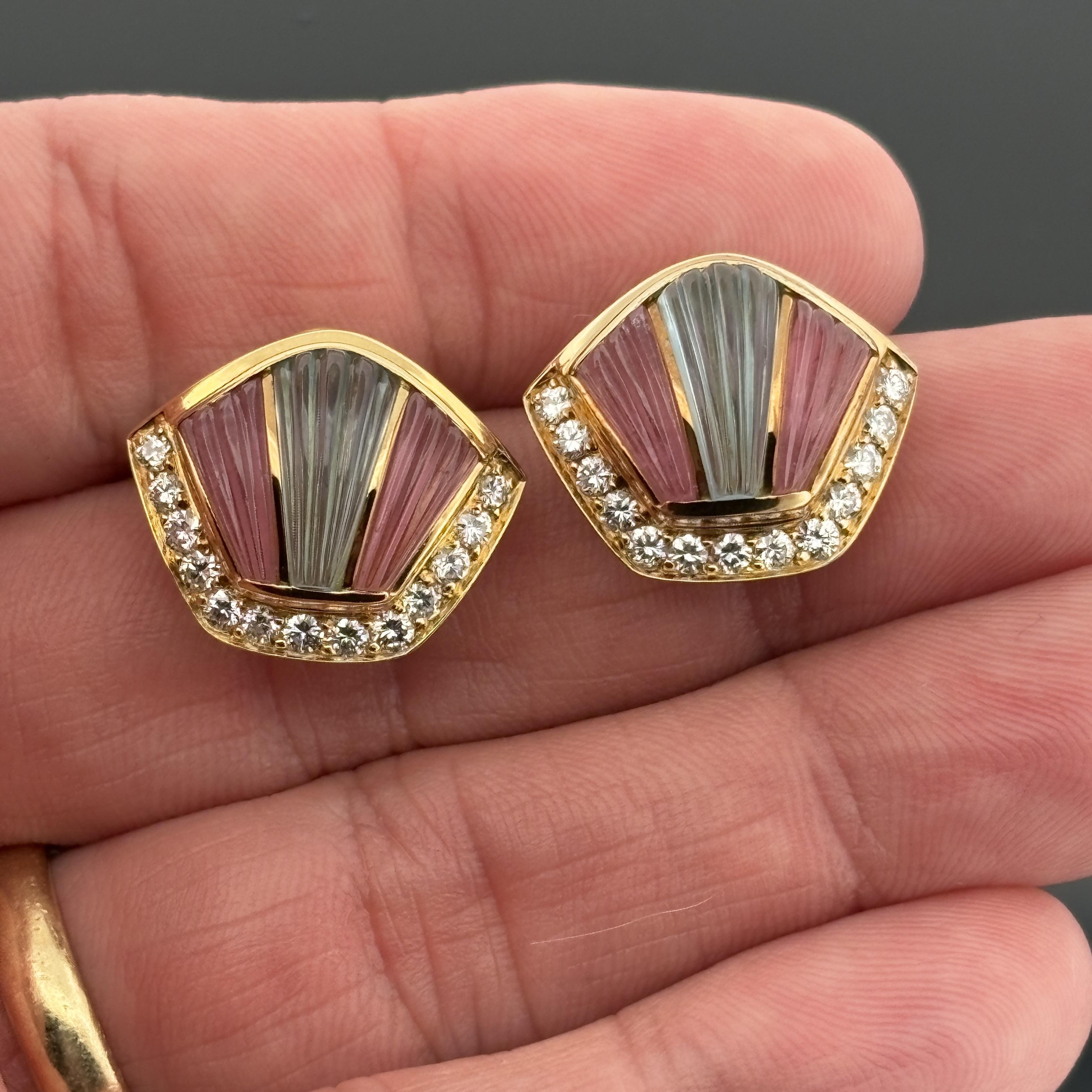 Art Deco Inspired Carved Gemstone & Diamond 18k Yellow Gold Earrings