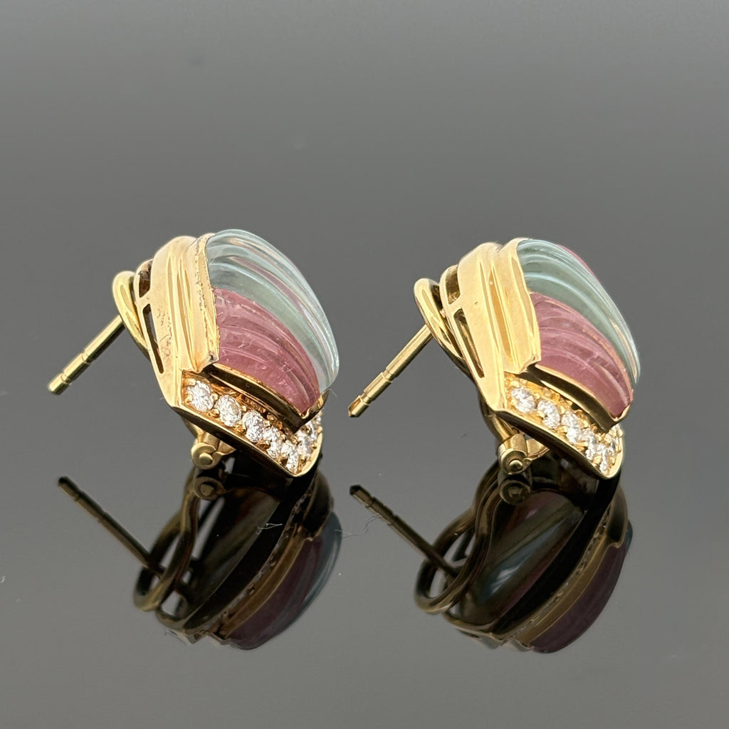 Art Deco Inspired Carved Gemstone & Diamond 18k Yellow Gold Earrings