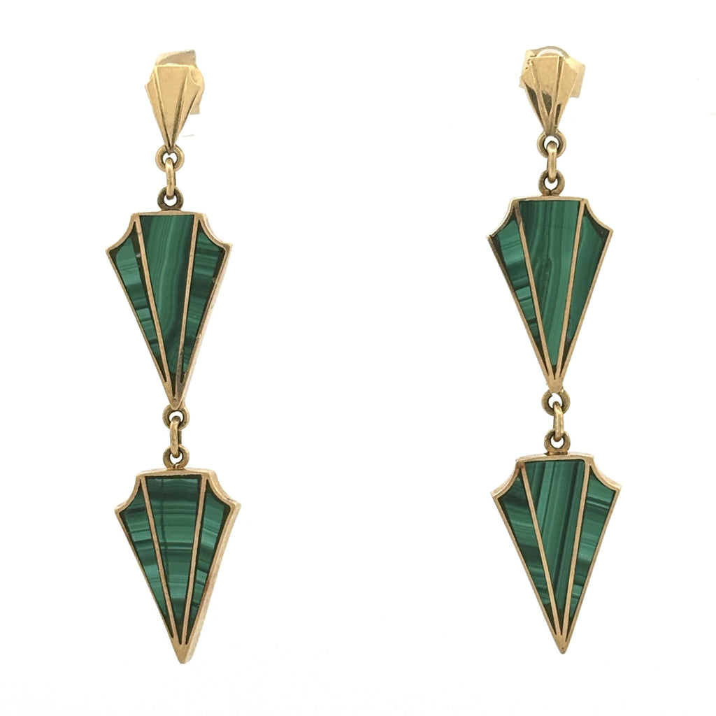 Vintage Art Deco Revival Malachite Drop Earrings 18k Yellow Gold, 1970s