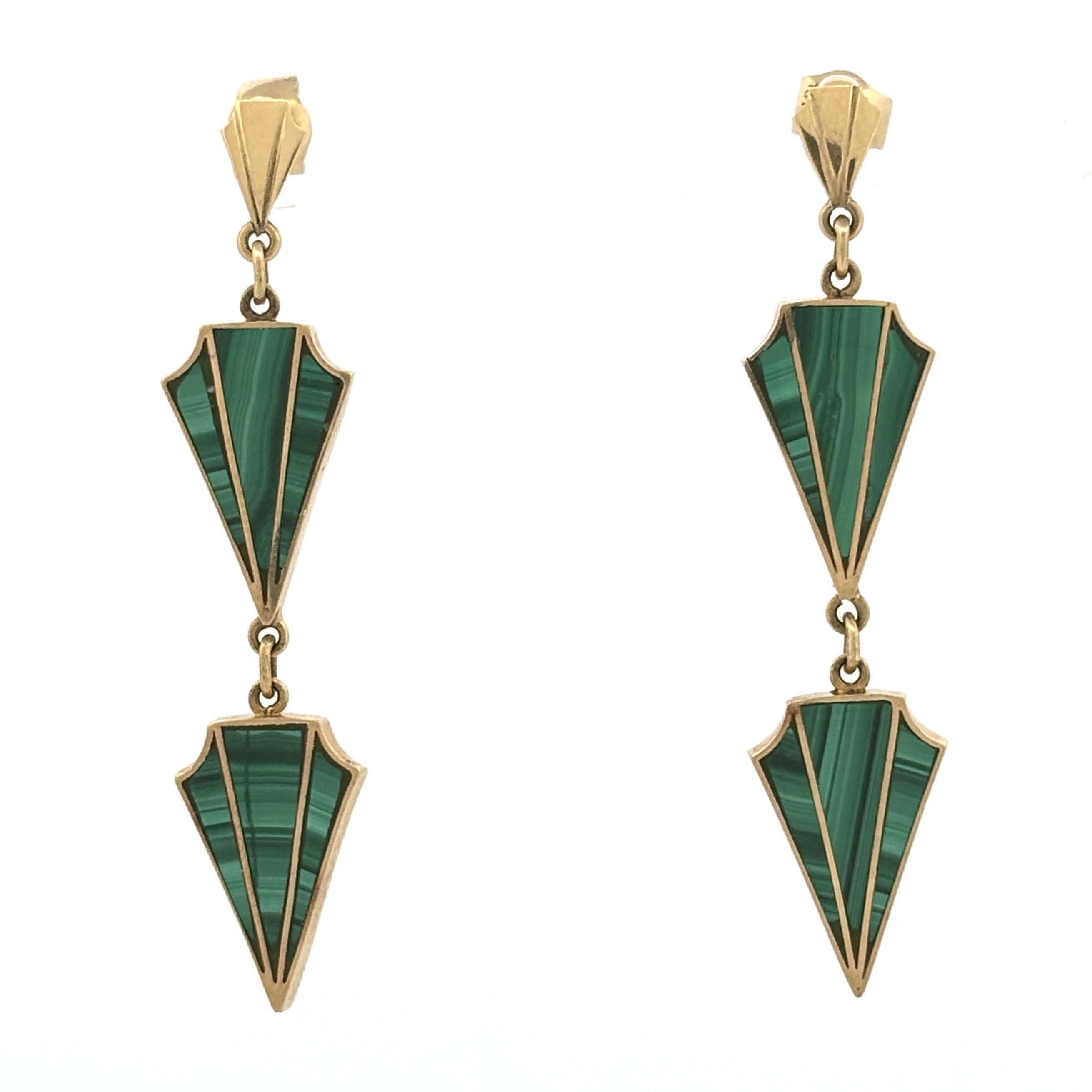 Vintage Art Deco Revival Malachite Drop Earrings 18k Yellow Gold, 1970s