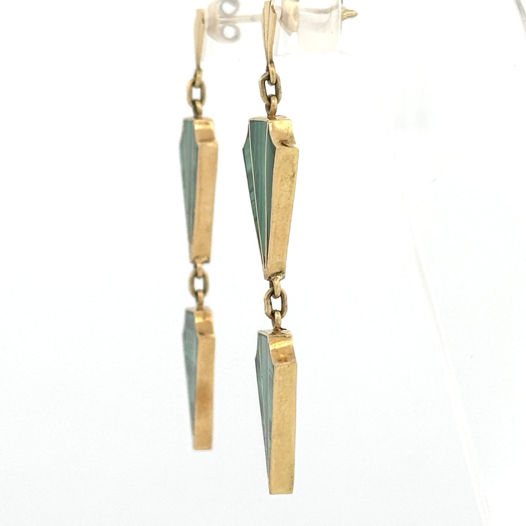Vintage Art Deco Revival Malachite Drop Earrings 18k Yellow Gold, 1970s