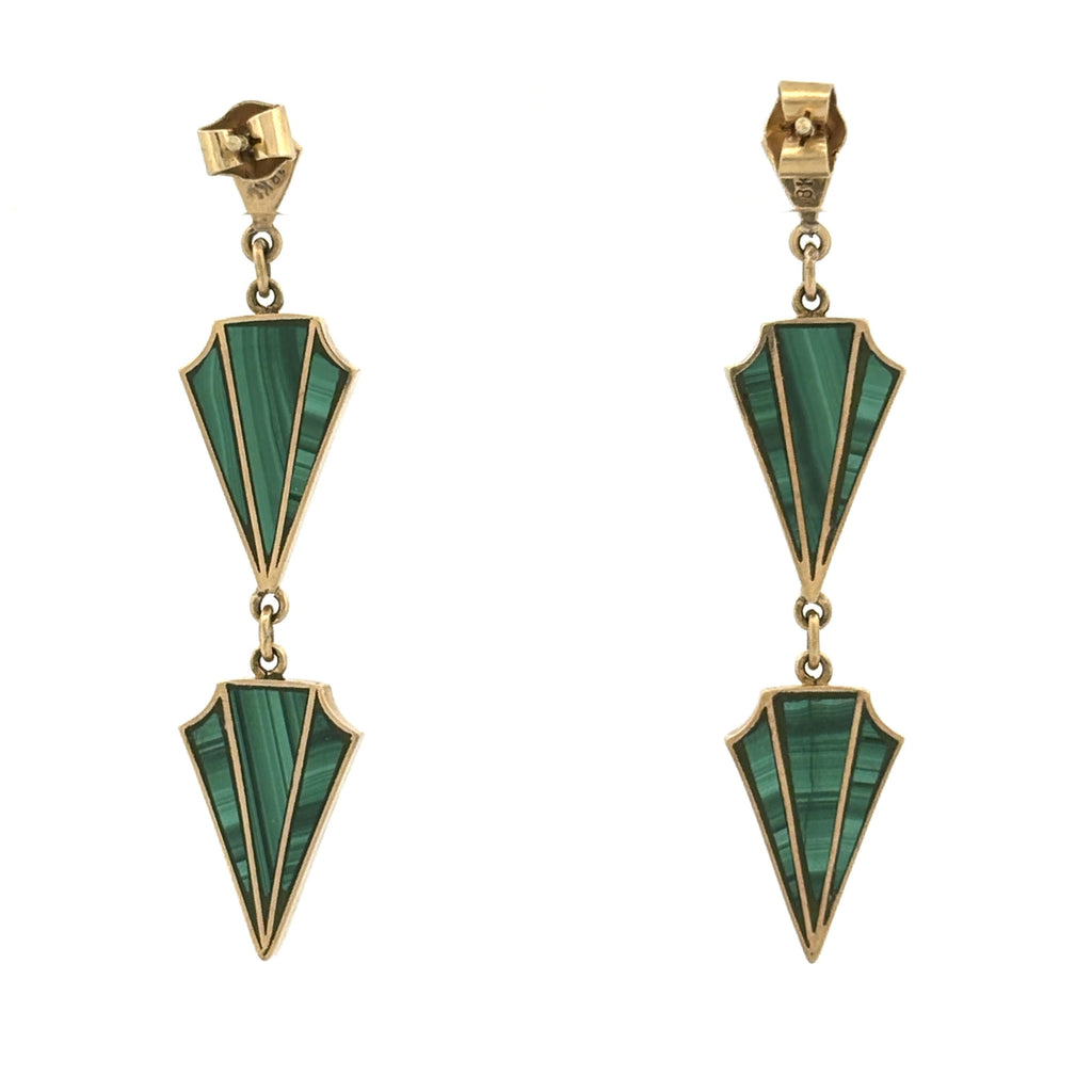 Vintage Art Deco Revival Malachite Drop Earrings 18k Yellow Gold, 1970s