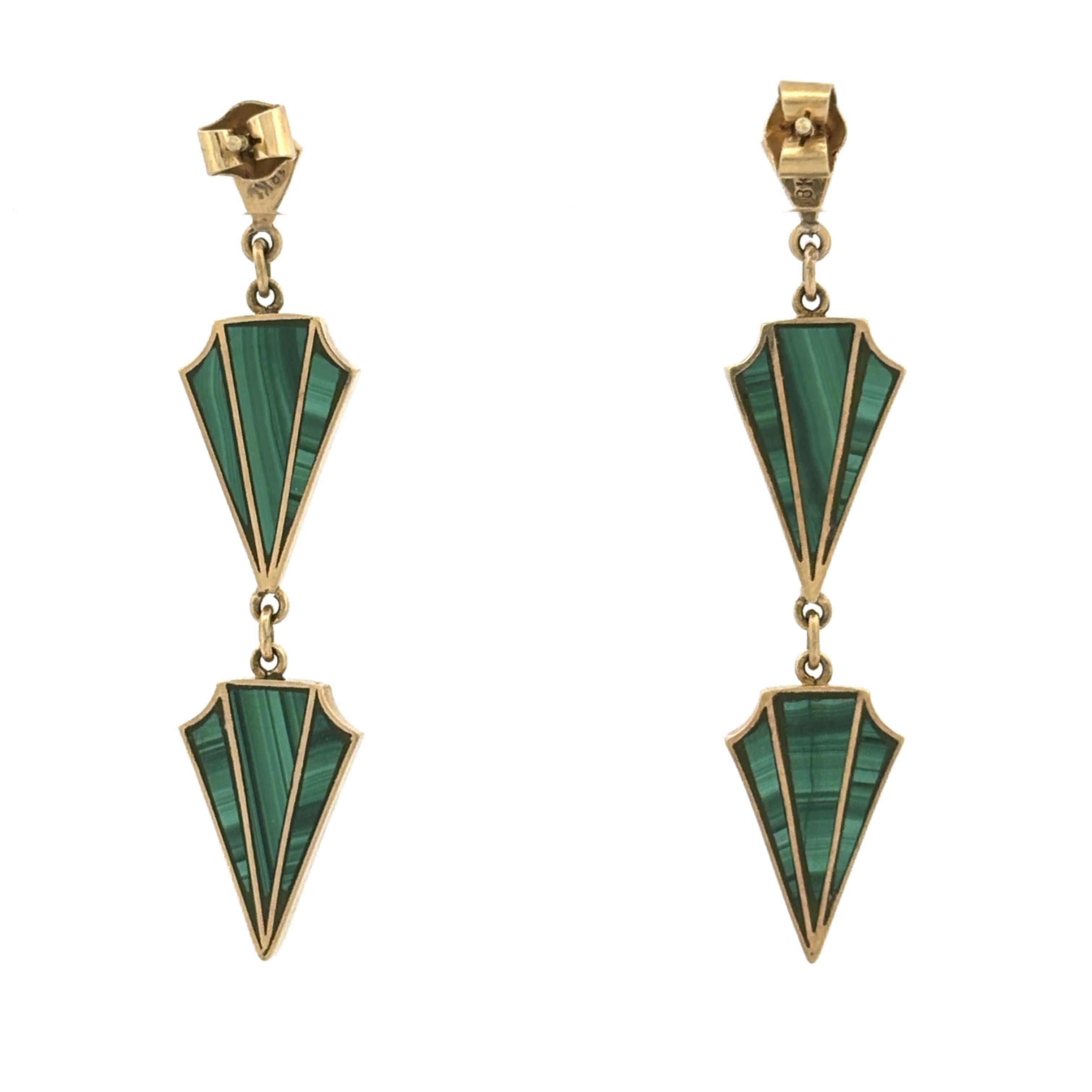Vintage Art Deco Revival Malachite Drop Earrings 18k Yellow Gold, 1970s
