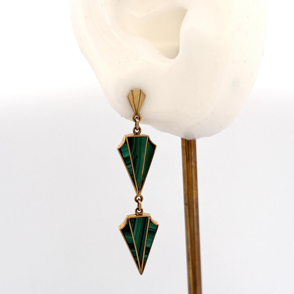 Vintage Art Deco Revival Malachite Drop Earrings 18k Yellow Gold, 1970s