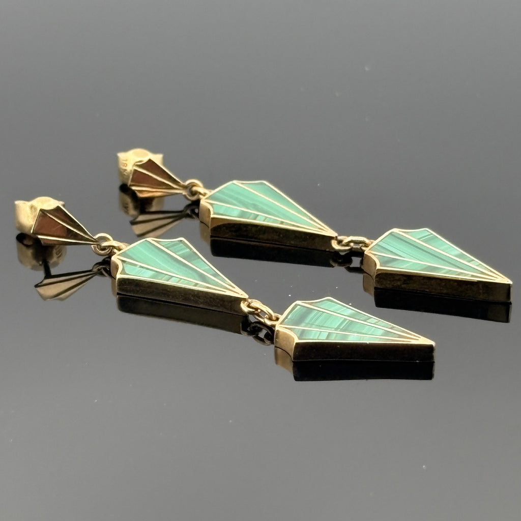 Vintage Art Deco Revival Malachite Drop Earrings 18k Yellow Gold, 1970s