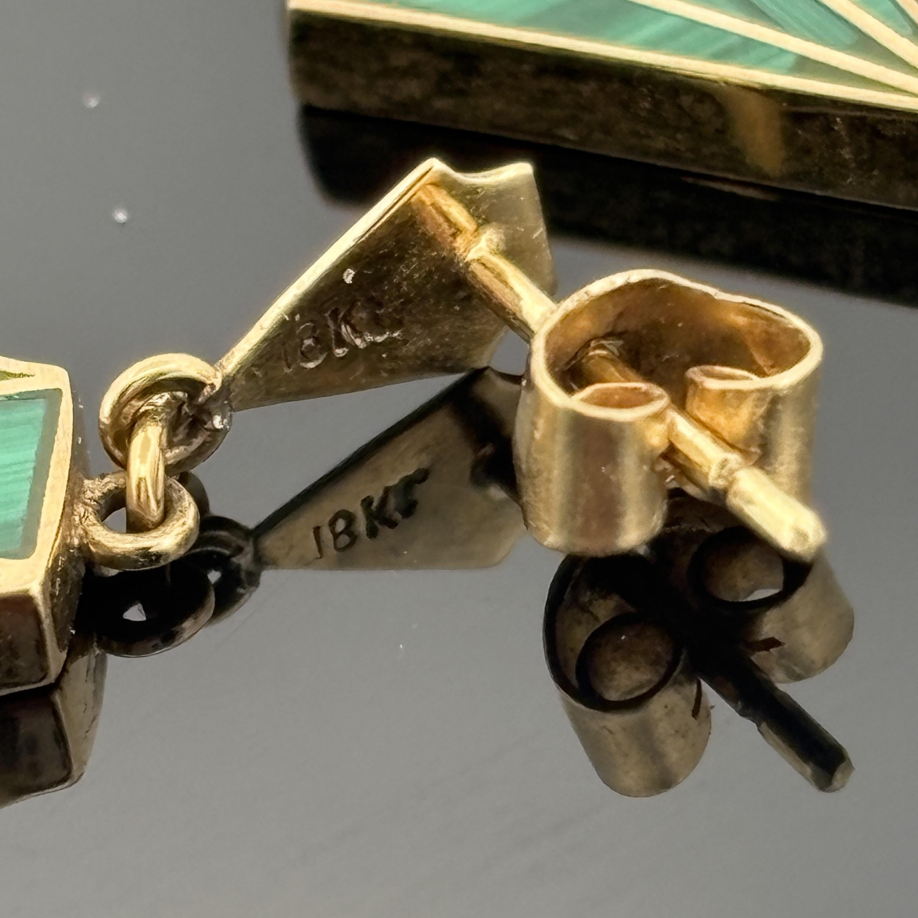 Vintage Art Deco Revival Malachite Drop Earrings 18k Yellow Gold, 1970s