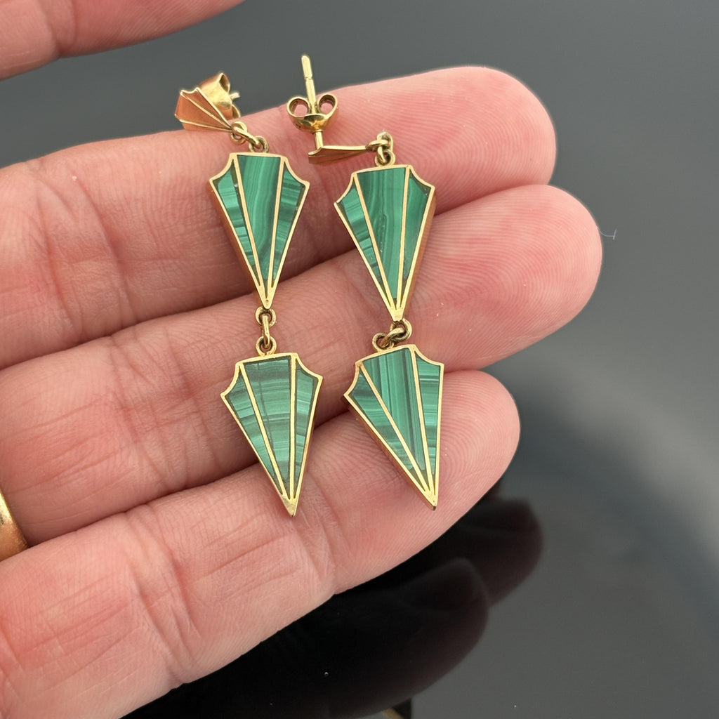 Vintage Art Deco Revival Malachite Drop Earrings 18k Yellow Gold, 1970s