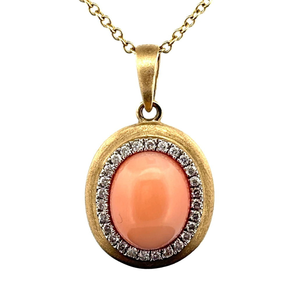 Effy Coral Cabochon & Diamond Pendant Necklace Satin Finish 14k Yellow Gold