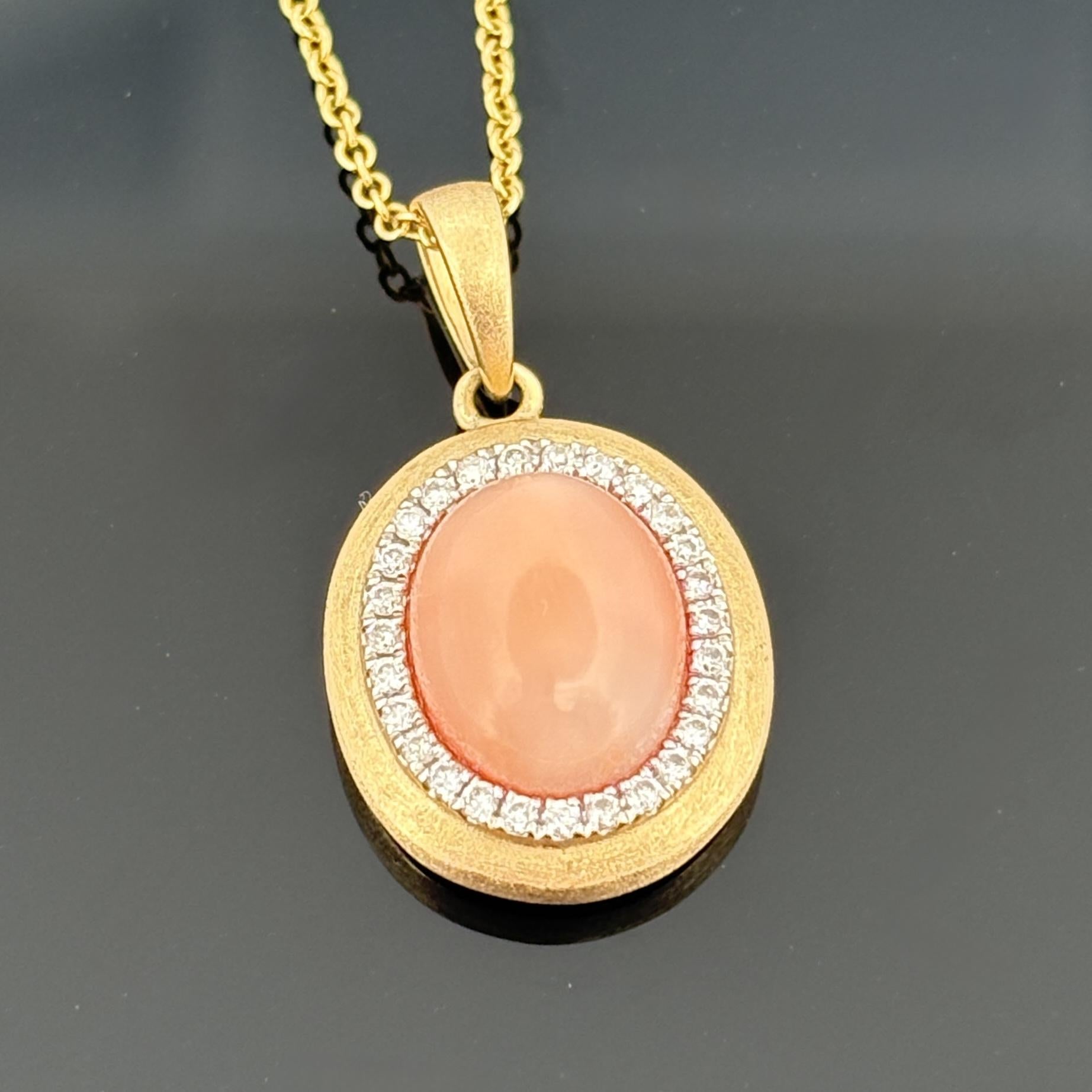 Effy Coral Cabochon & Diamond Pendant Necklace Satin Finish 14k Yellow Gold