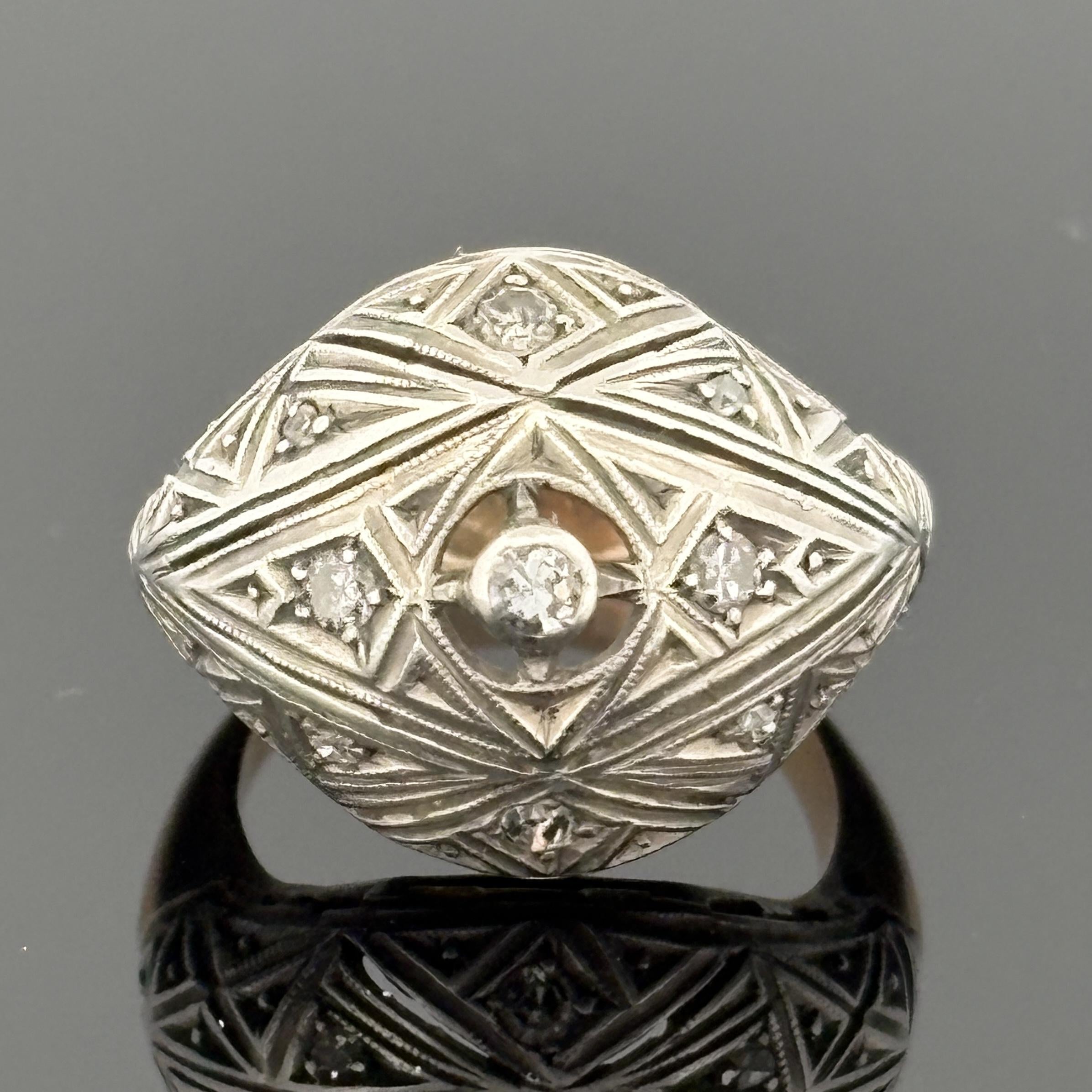 Antique Edwardian/ Art Deco 14k & Silver Diamond Dome Ring