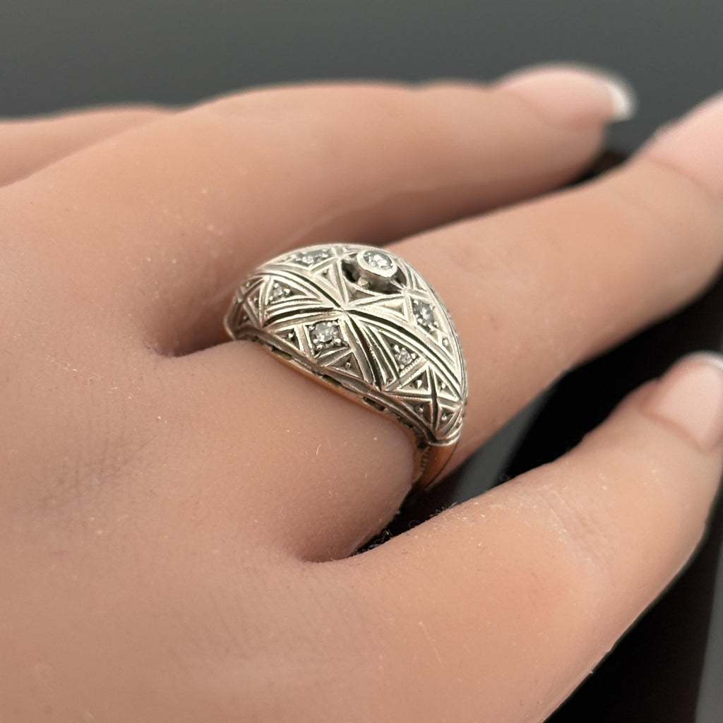 Antique Edwardian/ Art Deco 14k & Silver Diamond Dome Ring