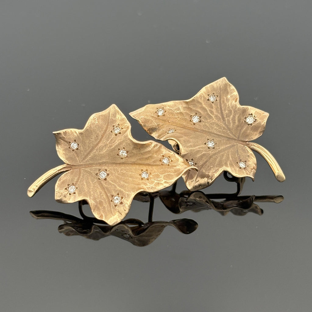 Vintage 1940s Diamond-Studded Leaf Earrings 14k Gold