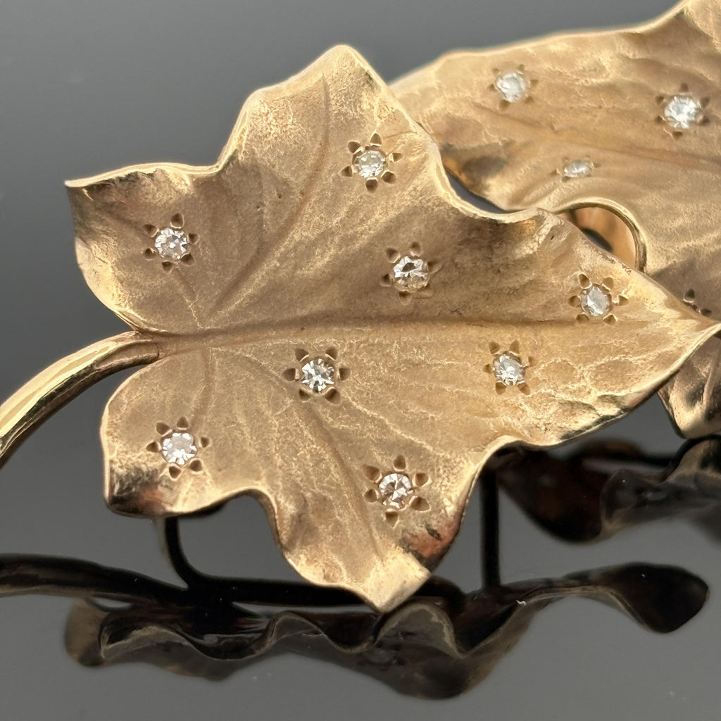 Vintage 1940s Diamond-Studded Leaf Earrings 14k Gold