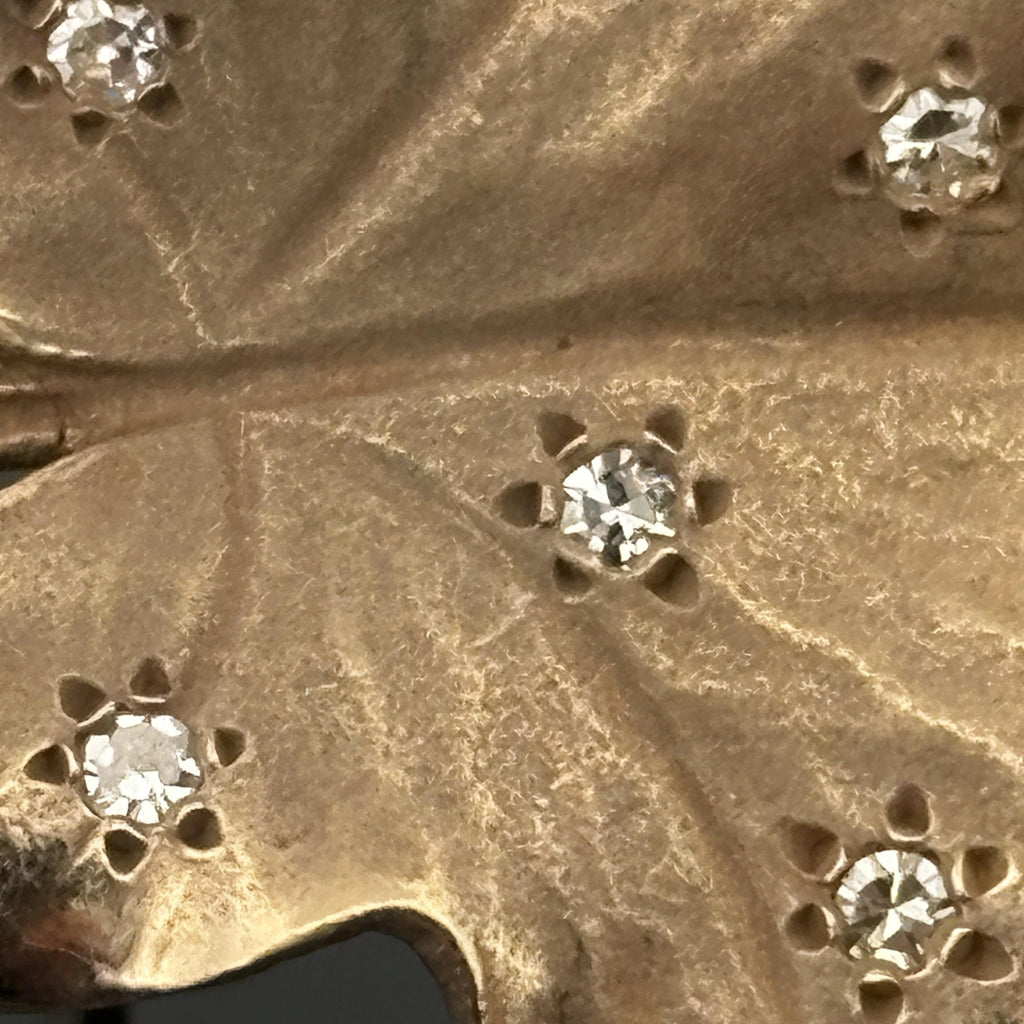 Vintage 1940s Diamond-Studded Leaf Earrings 14k Gold