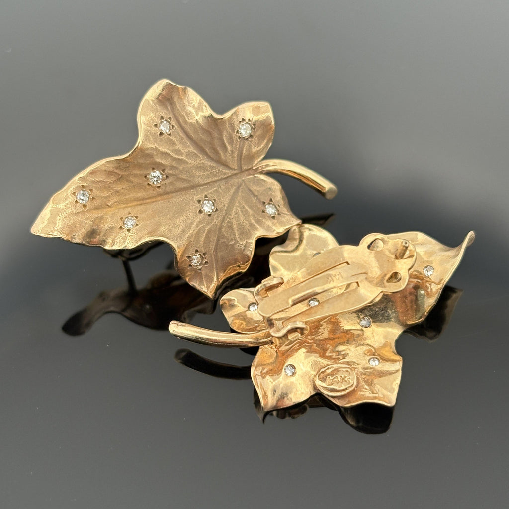 Vintage 1940s Diamond-Studded Leaf Earrings 14k Gold