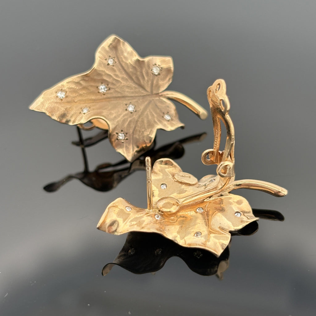 Vintage 1940s Diamond-Studded Leaf Earrings 14k Gold