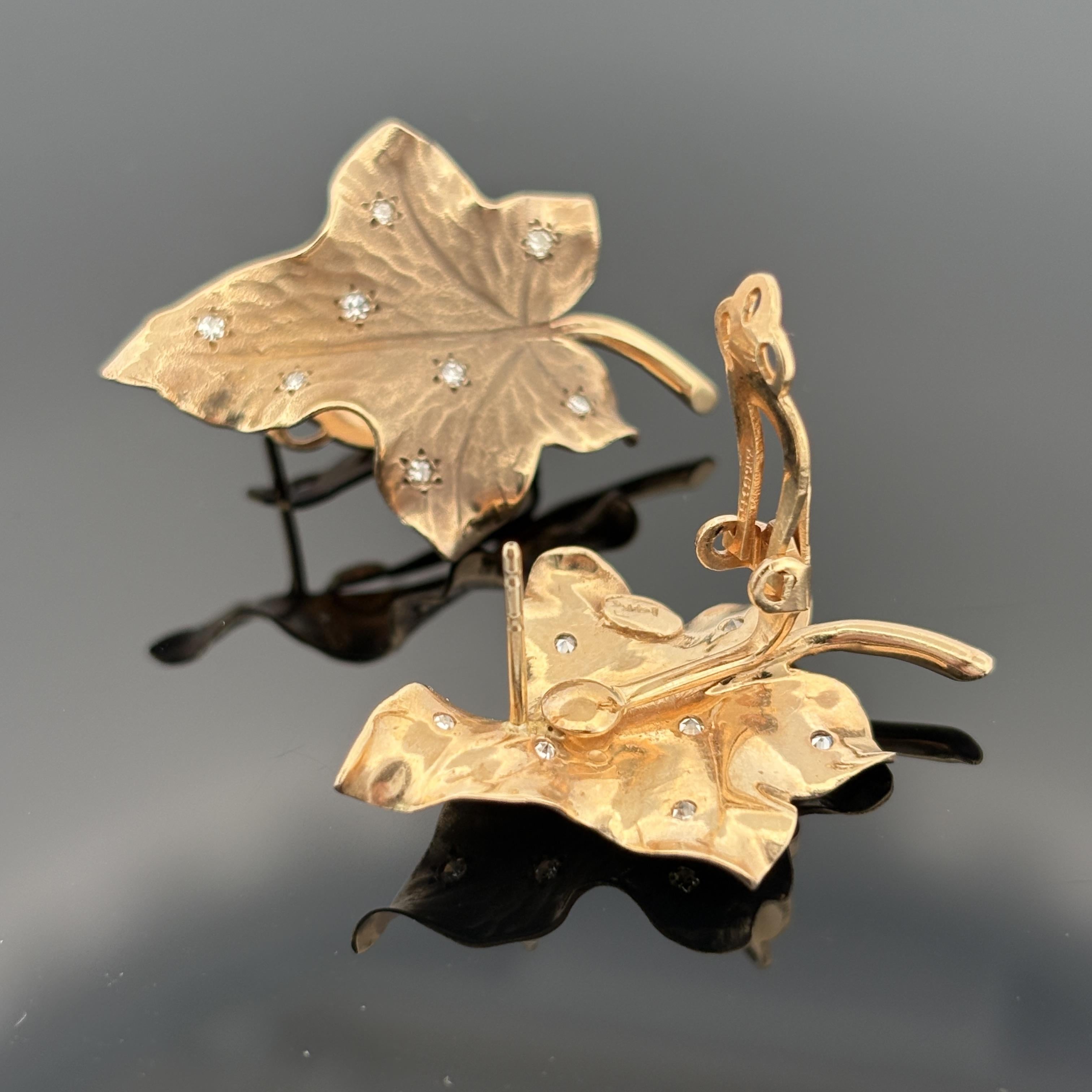Vintage 1940s Diamond-Studded Leaf Earrings 14k Gold