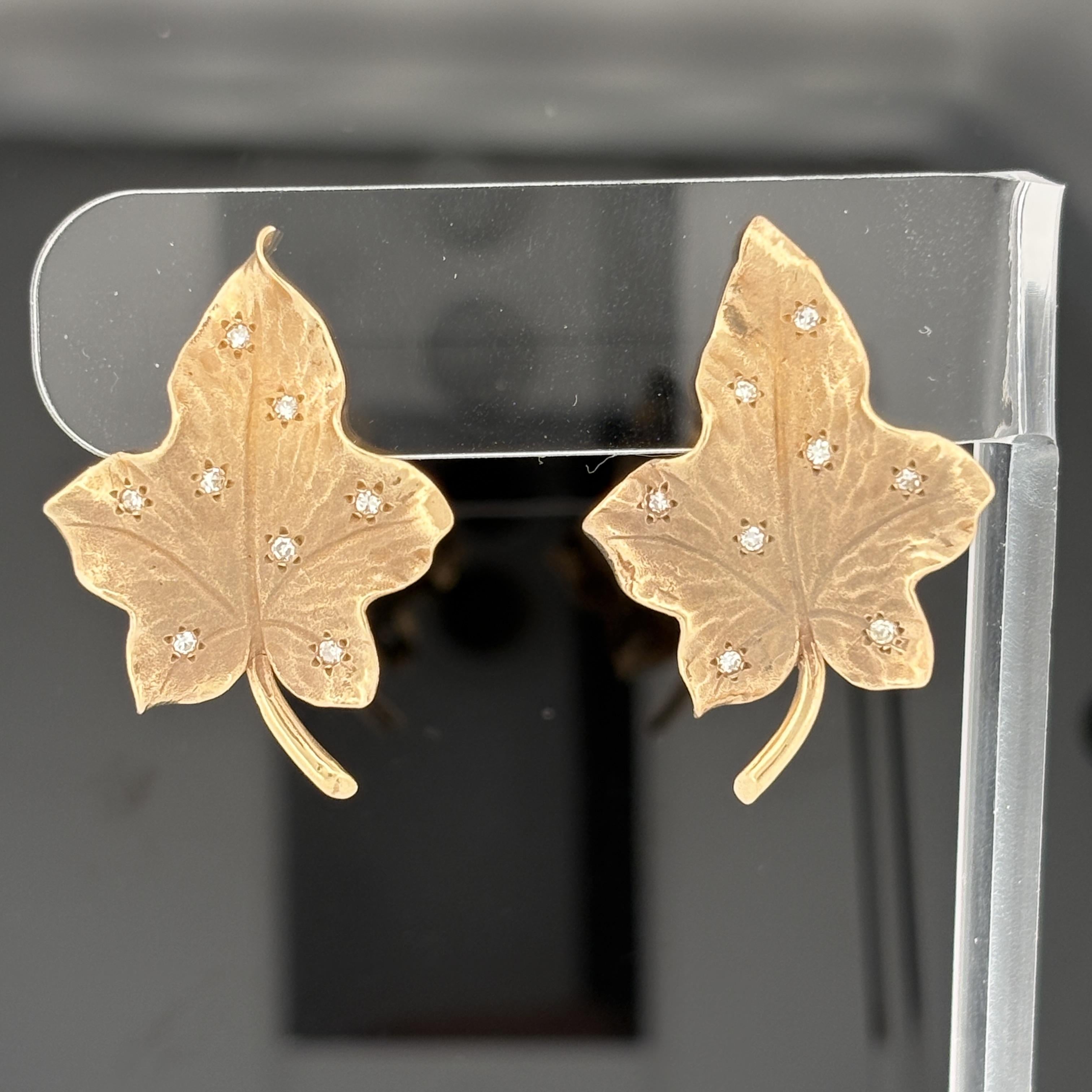 Vintage 1940s Diamond-Studded Leaf Earrings 14k Gold