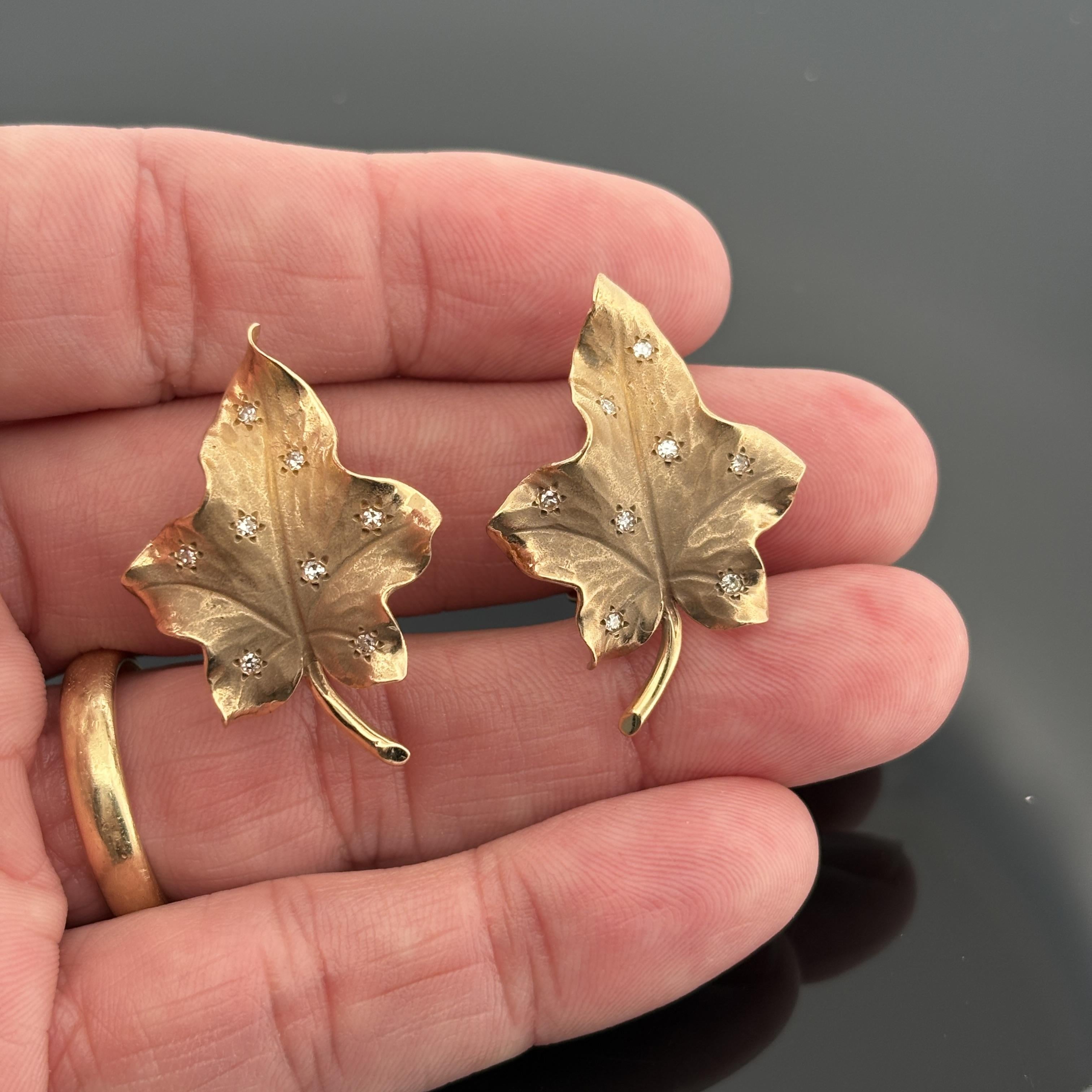 Vintage 1940s Diamond-Studded Leaf Earrings 14k Gold