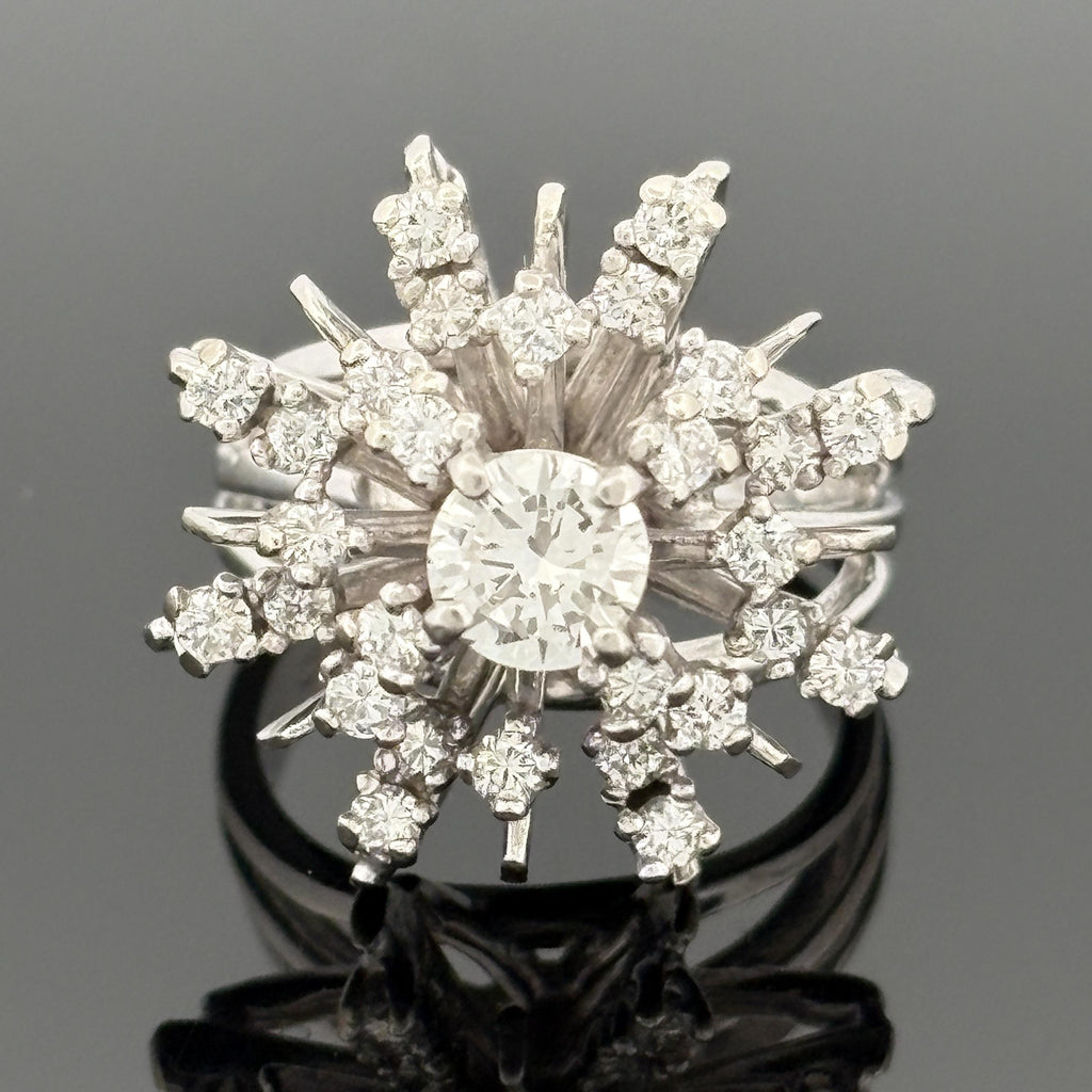 Vintage Mid-Century Diamond Starburst 14k White Gold Ring, 1.33ctw