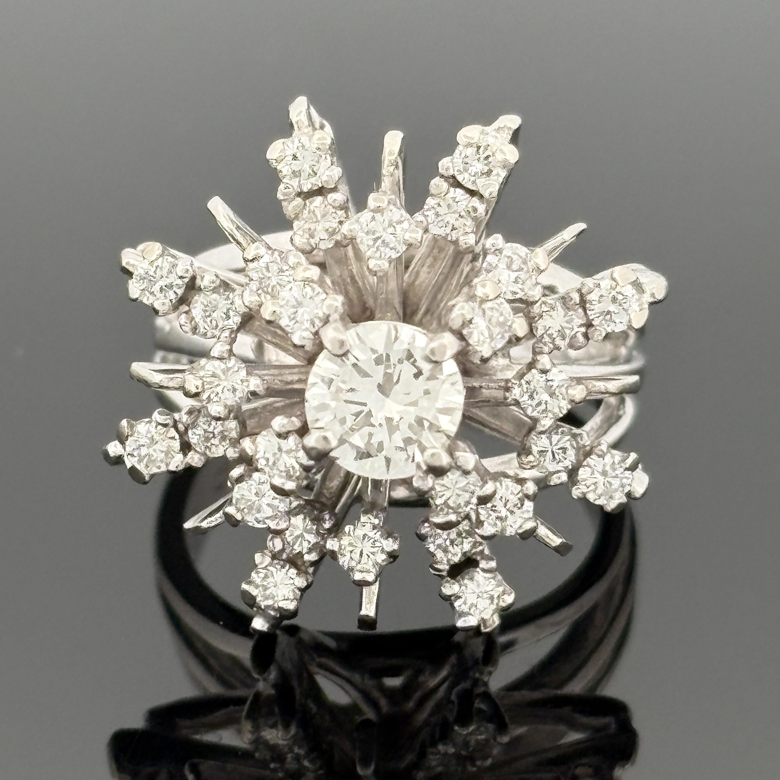 Vintage Mid-Century Diamond Starburst 14k White Gold Ring, 1.33ctw