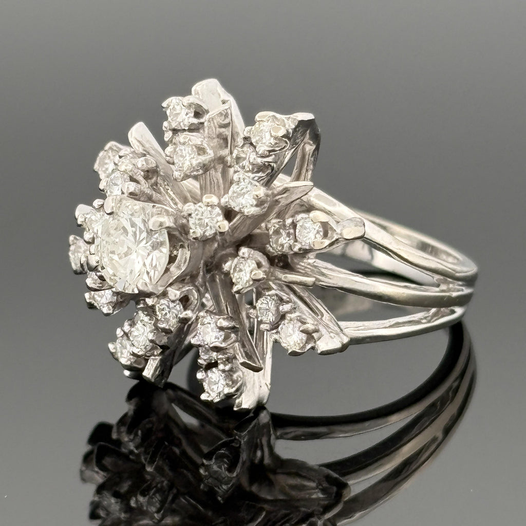 Vintage Mid-Century Diamond Starburst 14k White Gold Ring, 1.33ctw