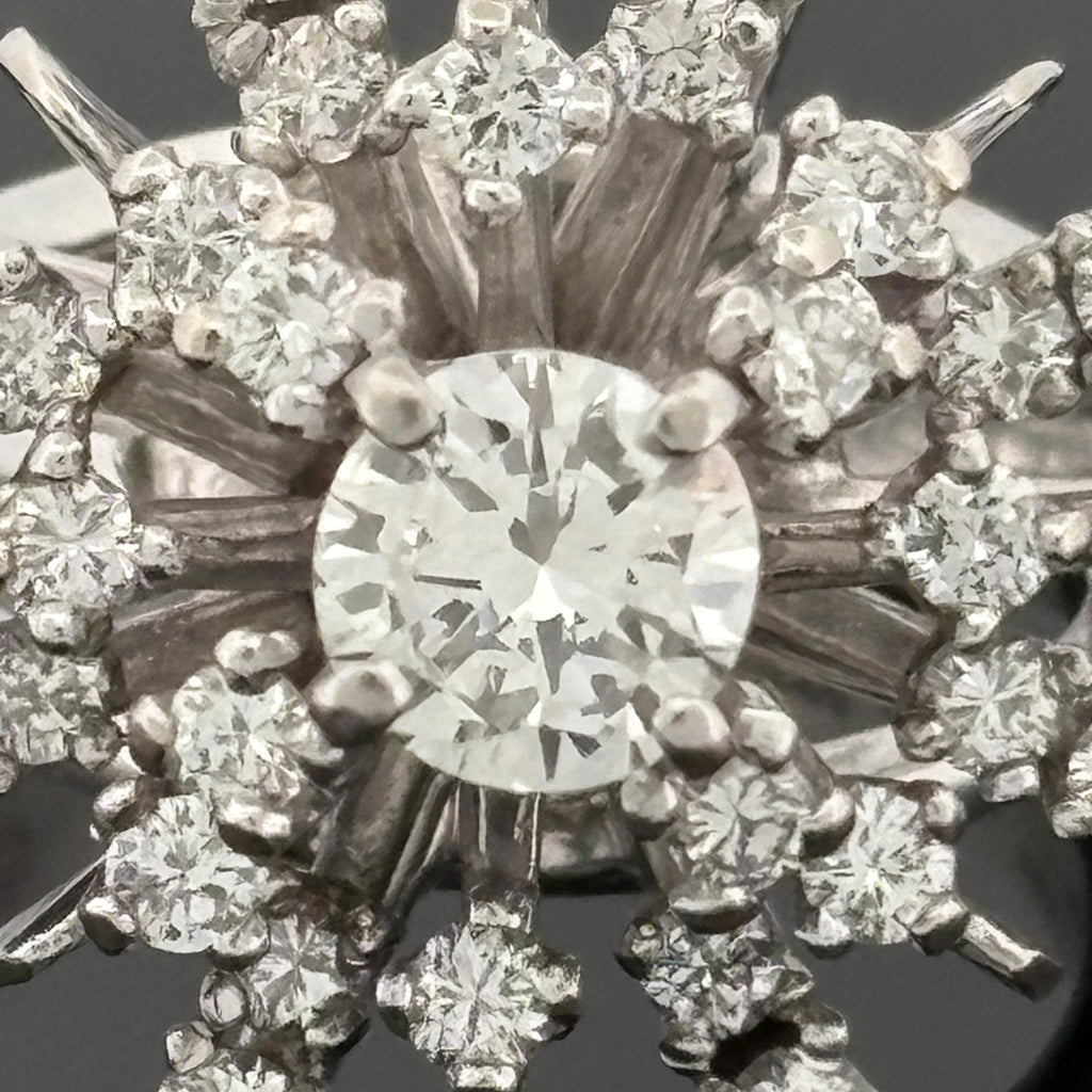 Vintage Mid-Century Diamond Starburst 14k White Gold Ring, 1.33ctw