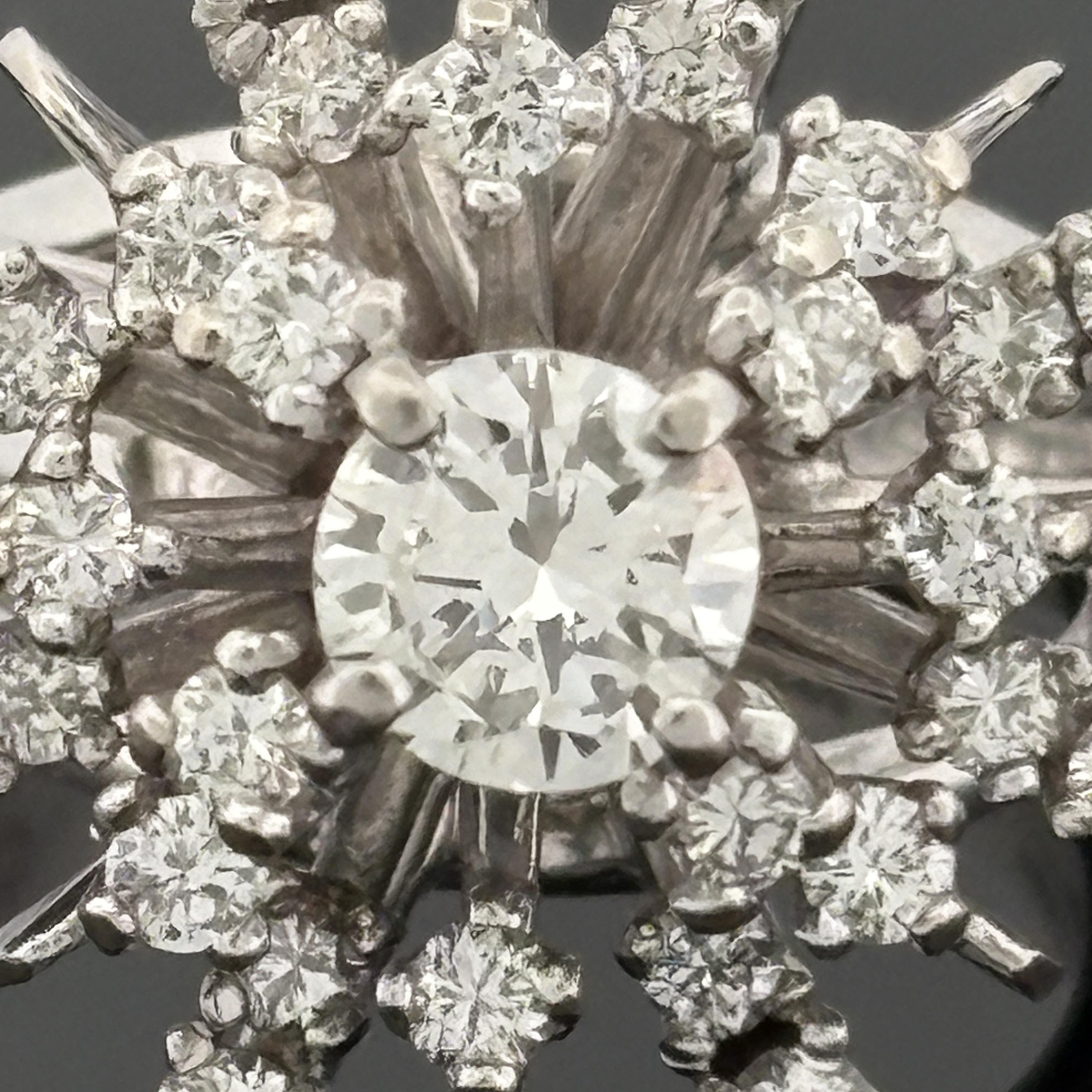 Vintage Mid-Century Diamond Starburst 14k White Gold Ring, 1.33ctw