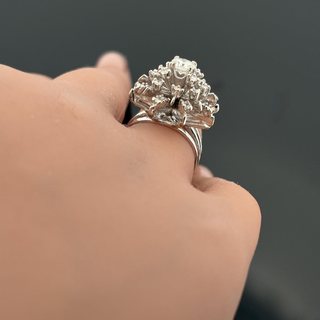 Vintage Mid-Century Diamond Starburst 14k White Gold Ring, 1.33ctw