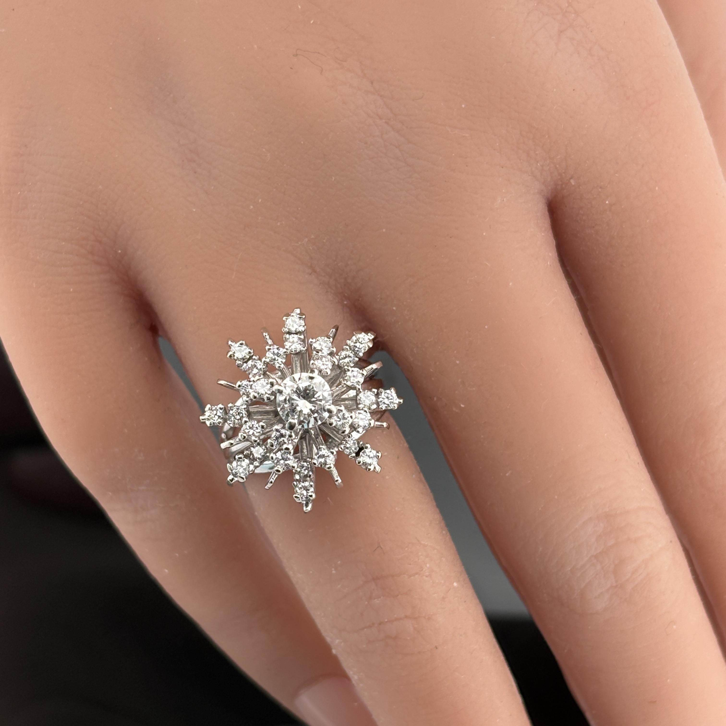 Vintage Mid-Century Diamond Starburst 14k White Gold Ring, 1.33ctw